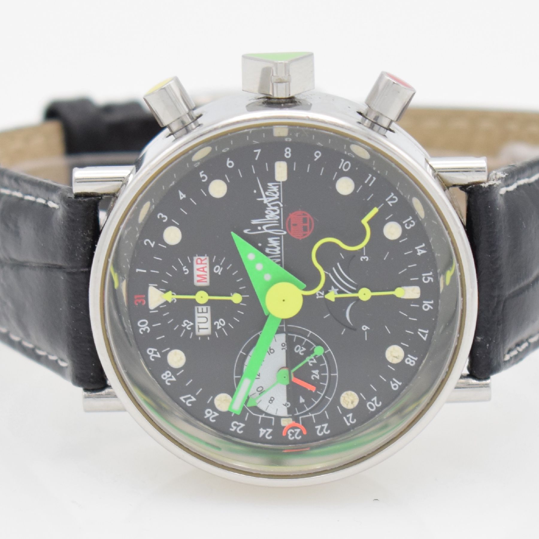 Detail a: ALAIN SILBERSTEIN KRONO 2 Bauhaus Herrenarmbanduhr mit Chronograph, Vollkalender & Mondphase, Frankreich/Schweiz um 1993, Automatik, auf 999 Stück ...