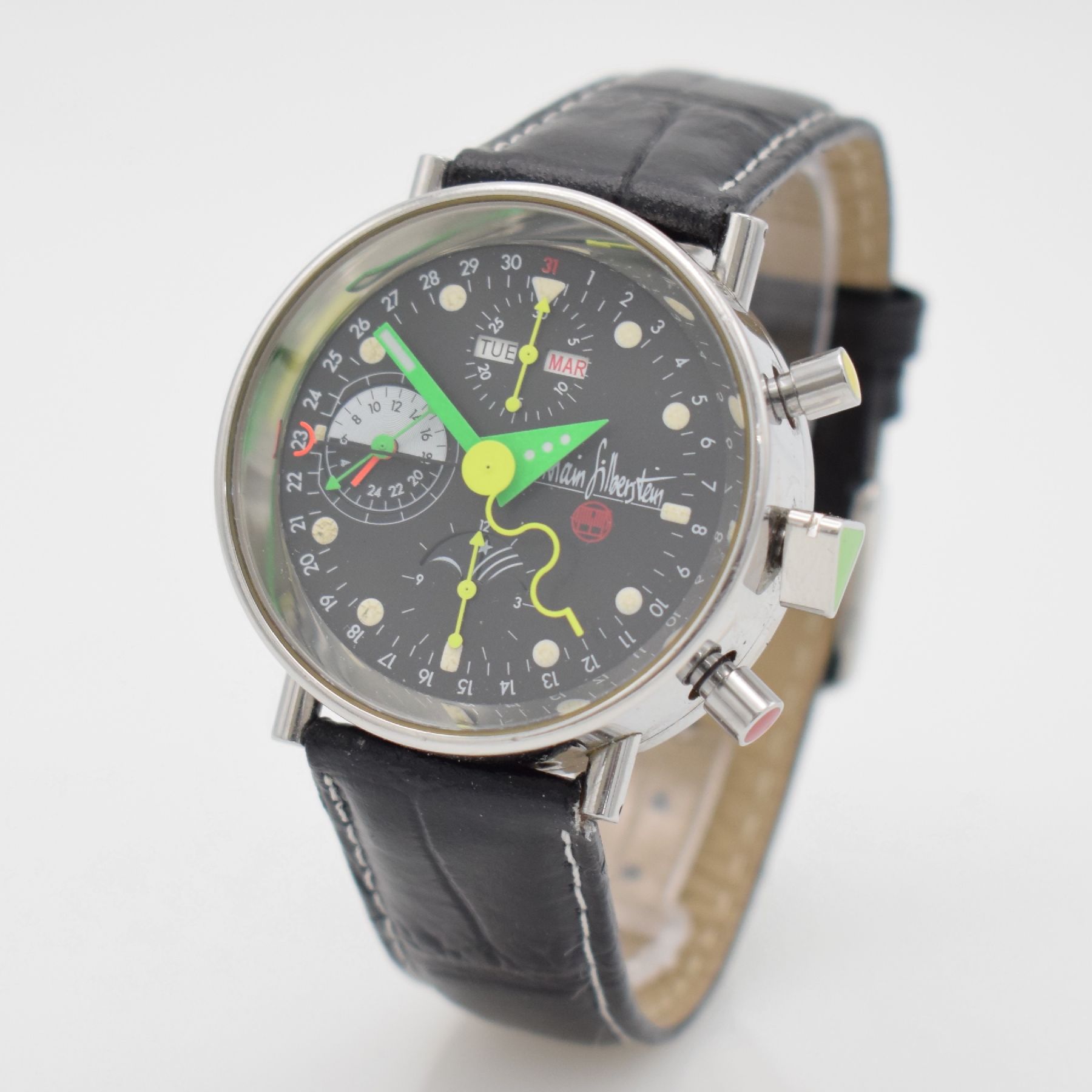 Detail b: ALAIN SILBERSTEIN KRONO 2 Bauhaus Herrenarmbanduhr mit Chronograph, Vollkalender & Mondphase, Frankreich/Schweiz um 1993, Automatik, auf 999 Stück ...