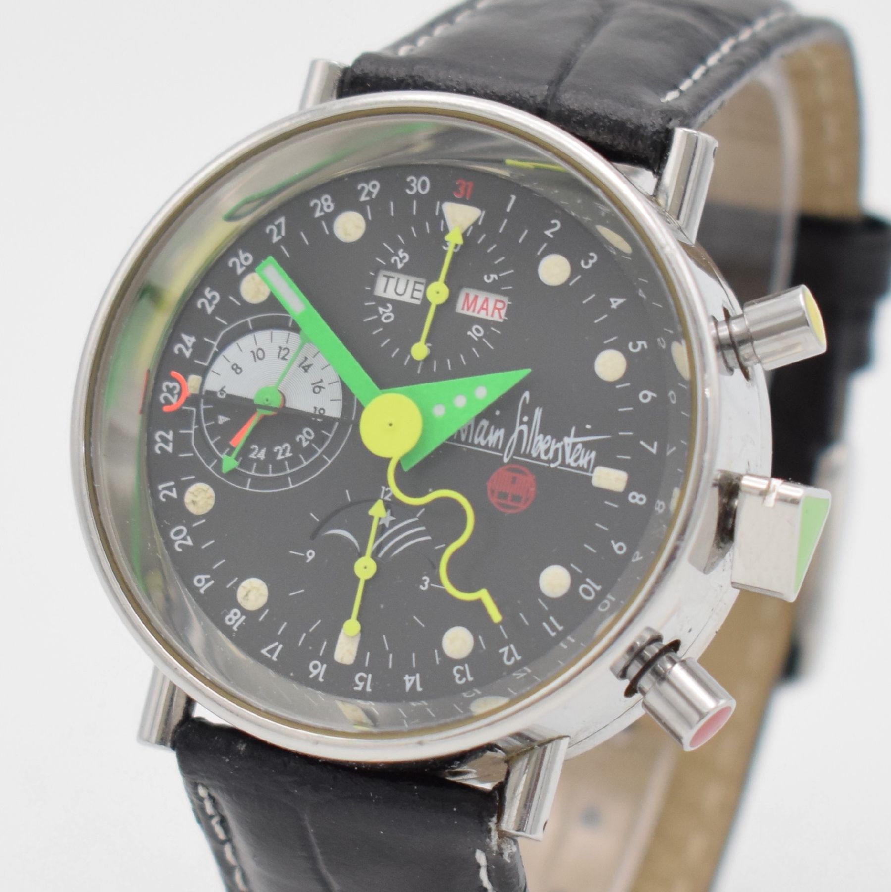 Detail c: ALAIN SILBERSTEIN KRONO 2 Bauhaus Herrenarmbanduhr mit Chronograph, Vollkalender & Mondphase, Frankreich/Schweiz um 1993, Automatik, auf 999 Stück ...