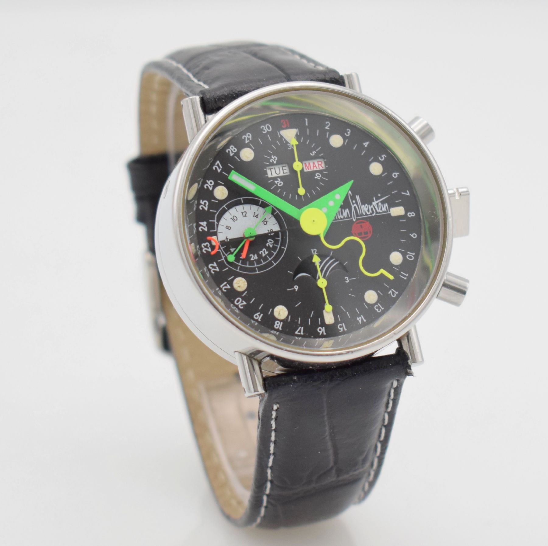 Detail d: ALAIN SILBERSTEIN KRONO 2 Bauhaus Herrenarmbanduhr mit Chronograph, Vollkalender & Mondphase, Frankreich/Schweiz um 1993, Automatik, auf 999 Stück ...