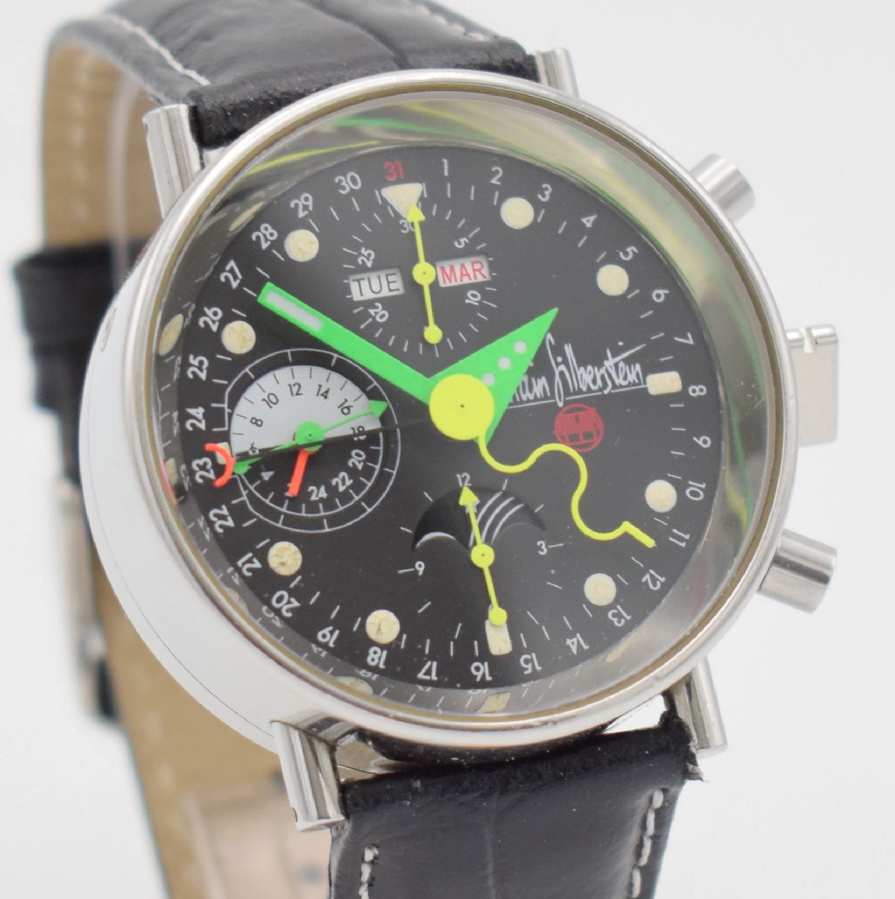 Detail e: ALAIN SILBERSTEIN KRONO 2 Bauhaus Herrenarmbanduhr mit Chronograph, Vollkalender & Mondphase, Frankreich/Schweiz um 1993, Automatik, auf 999 Stück ...