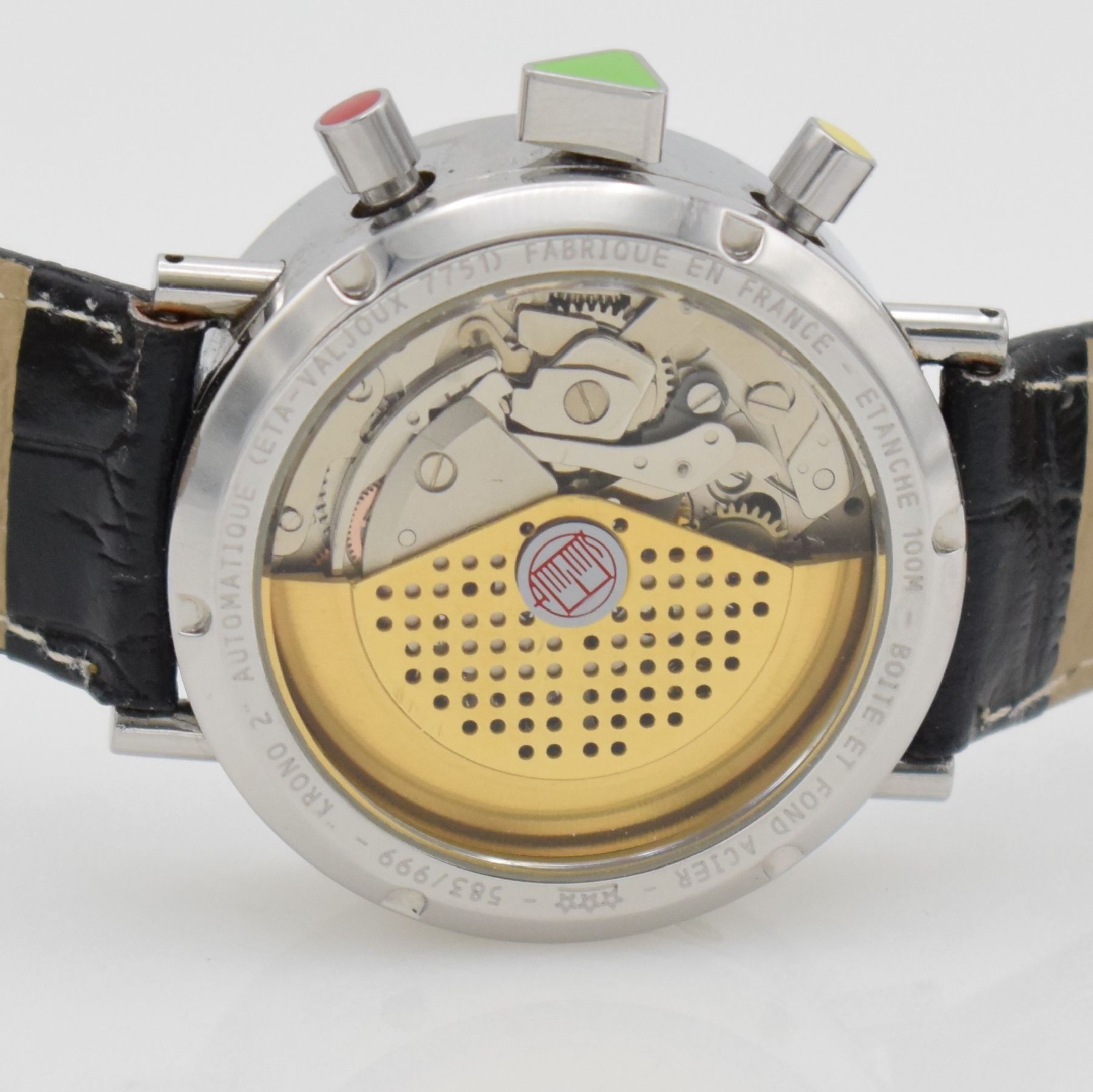Detail f: ALAIN SILBERSTEIN KRONO 2 Bauhaus Herrenarmbanduhr mit Chronograph, Vollkalender & Mondphase, Frankreich/Schweiz um 1993, Automatik, auf 999 Stück ...