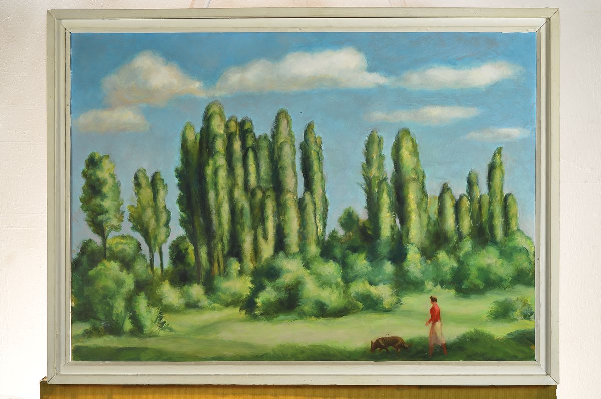 Detail k: Eugen Stoll, 1895-1978 Ludwigshafen, Studium an der Akademie Karlsruhe bei Albert Haueisen, hier: Rehbachlandschaft, Öl/ Hartfaser, ca. 50x70cm, R. ...