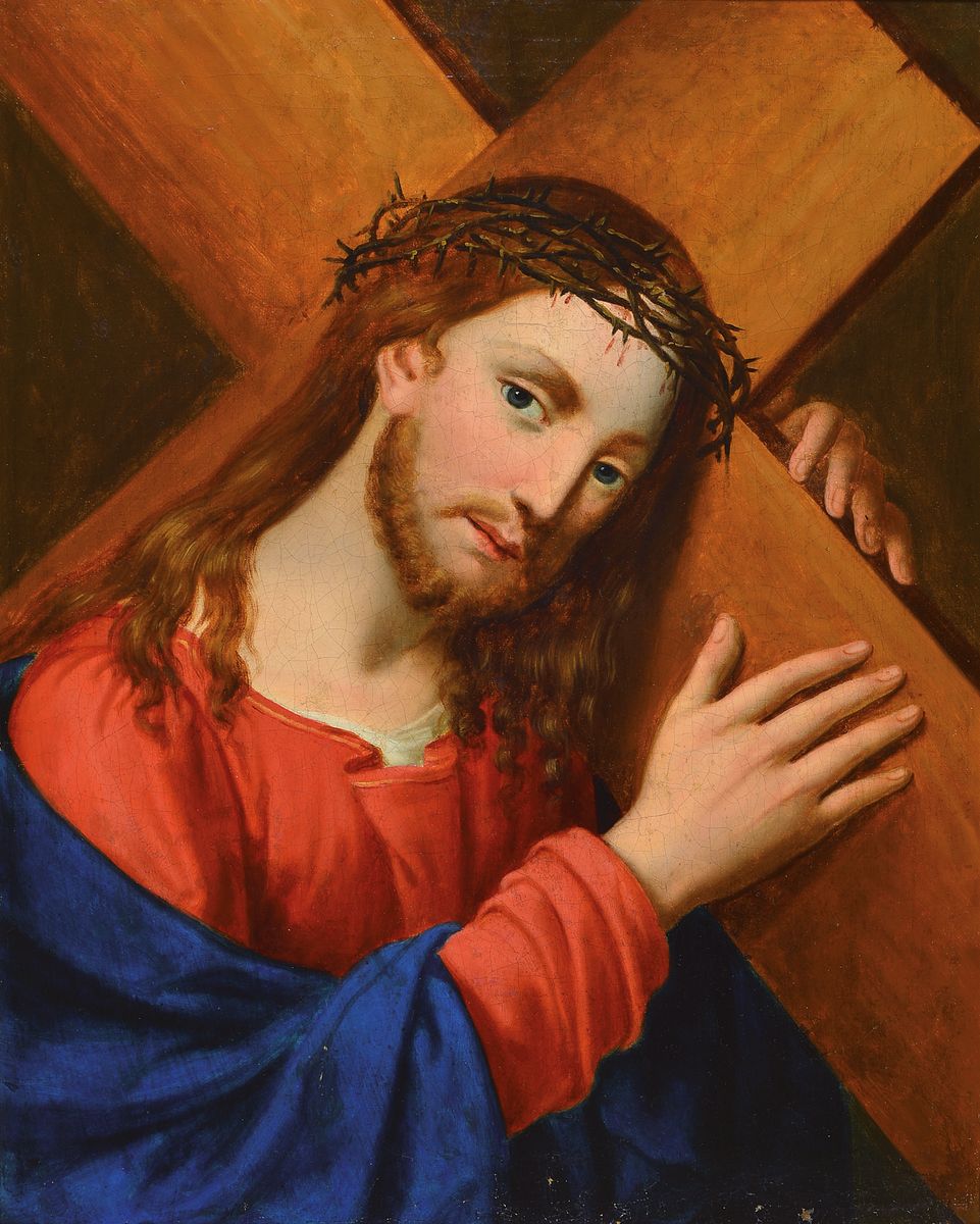Unbekannter Künstler, süddeutsch, um 1800, Christus mit dem Kreuz und der Dornenkrone, Öl/Lwd, ca. 52x42cm, R. ca. 60x50cm