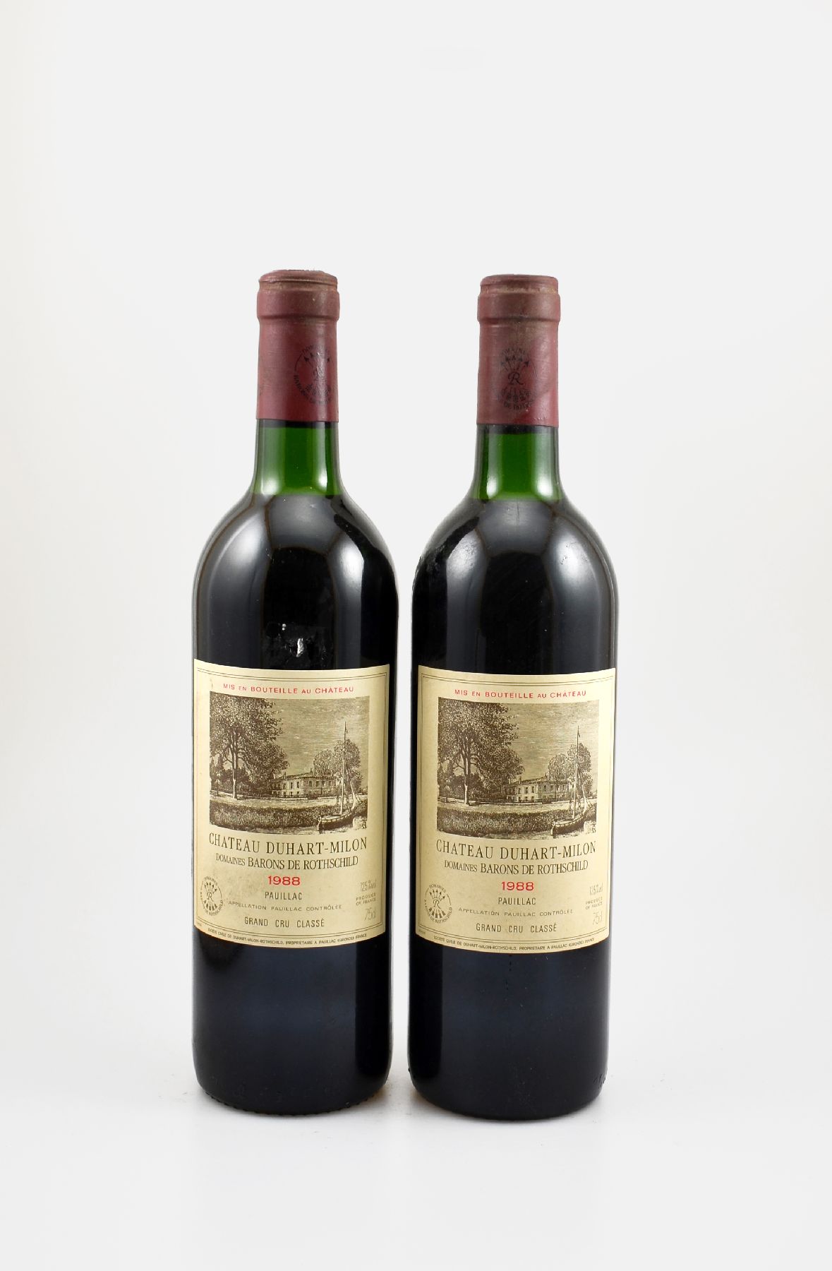 2 Flaschen 1988 Chateau Duhart-Milon, Pauillac, Grand Cru Classe, je ca. 75 cl, 12,5 % Vol., Füllstände: je ca. top shoulder, gute ...