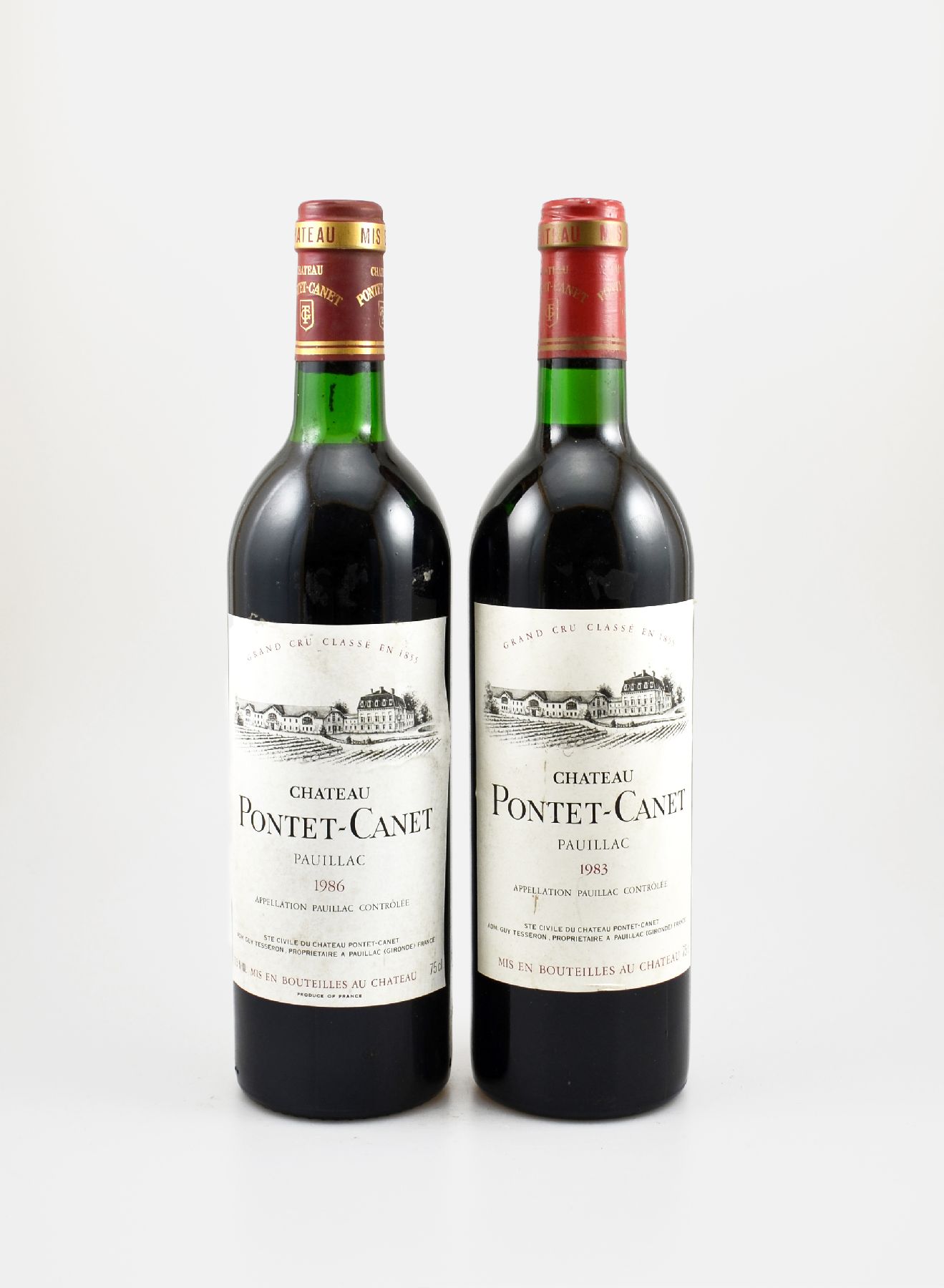 2 Flaschen Pontet-Canet, Jahrgänge: 1983 & 1986, Pauillac, Grand Cru Classe, je ca. 75 cl, Füllstände: into neck bzw. top shoulder, Etiketten z.T. ...