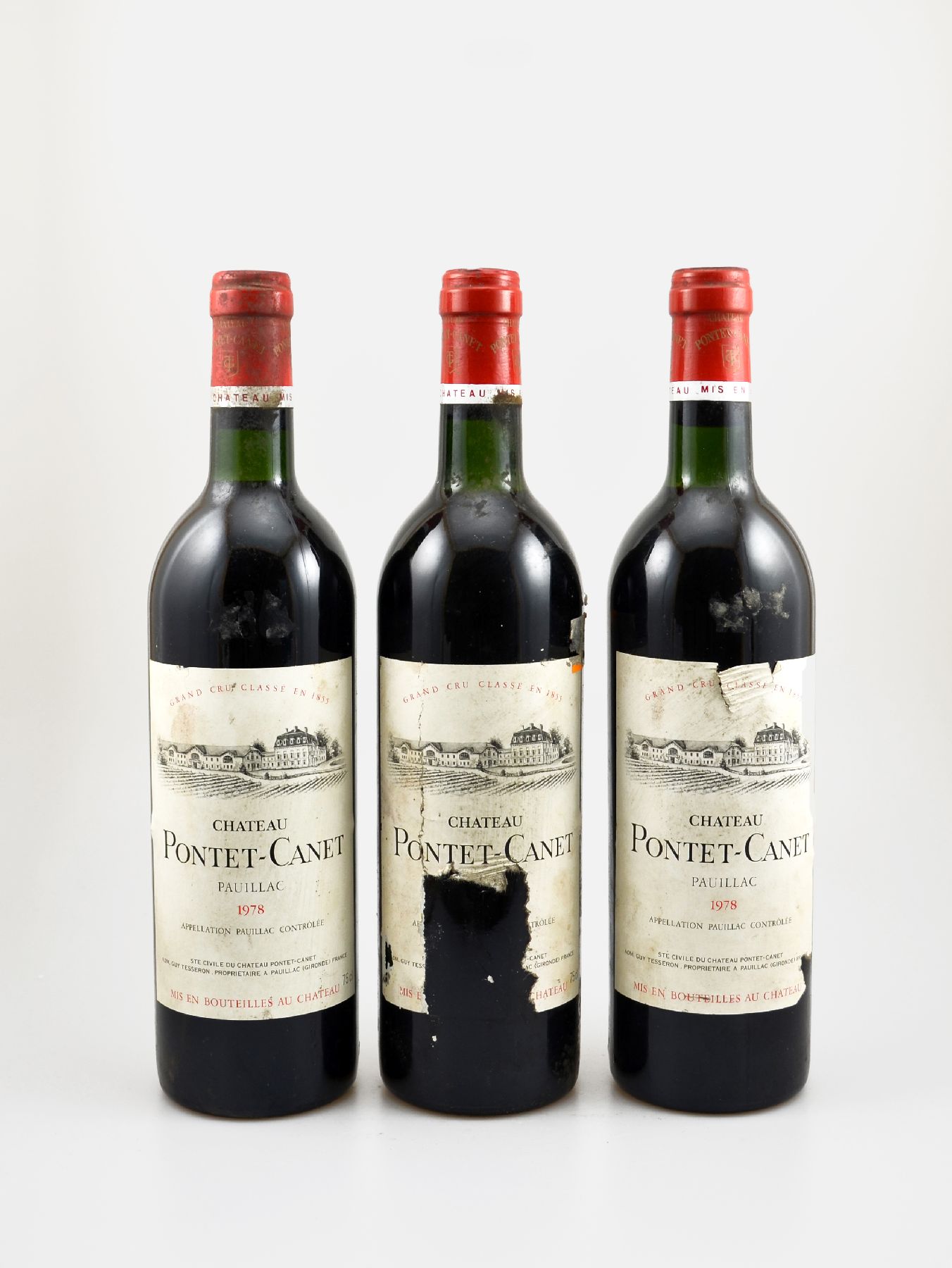 3 Flaschen 1978 Pontet-Canet, Pauillac, Grand Cru Classe, je ca. 75 cl, Füllstände: 2x top shoulder & 1x into neck, Etiketten stärker besch. bzw. ...