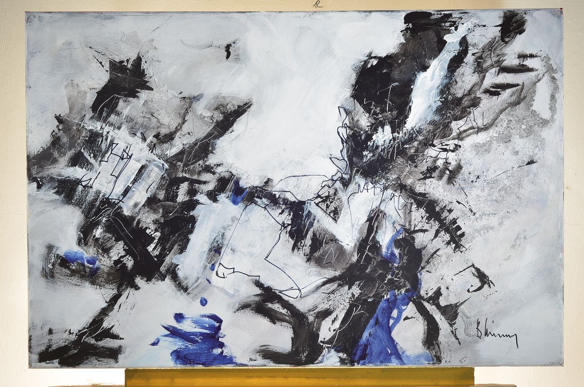 Detail k: Bernd Klimmer, geb. 1940, lebt und arbeitet in Kaiserslautern, Akademiedozent, erfolgreicher Autor von Kunst-Büchern, hier: Black-White-Blue, Acryl ...