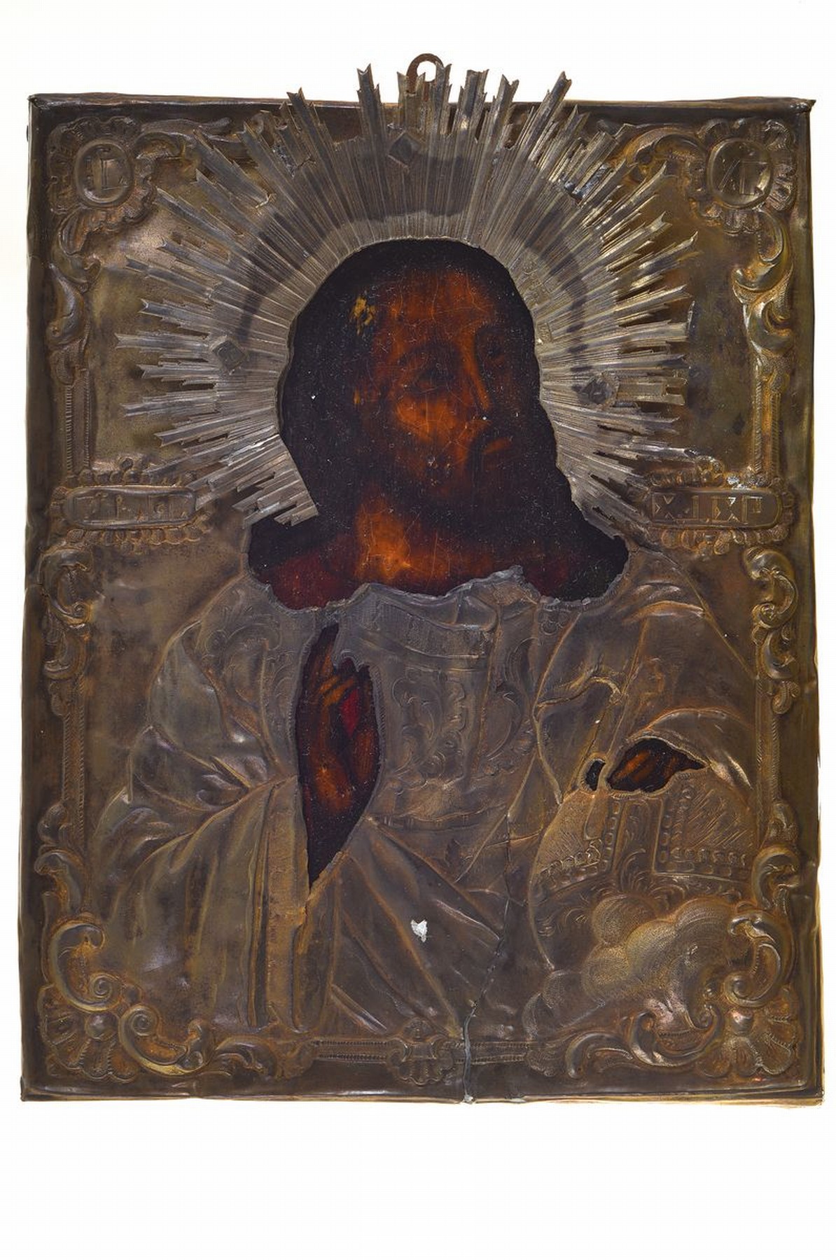Ikone, Russland, um 1852, Darstellung segnender Jesus, Eitempera auf Holz, restauriert, Silberoklad, Meistermarke ungedeutet, 84er Silber, ...