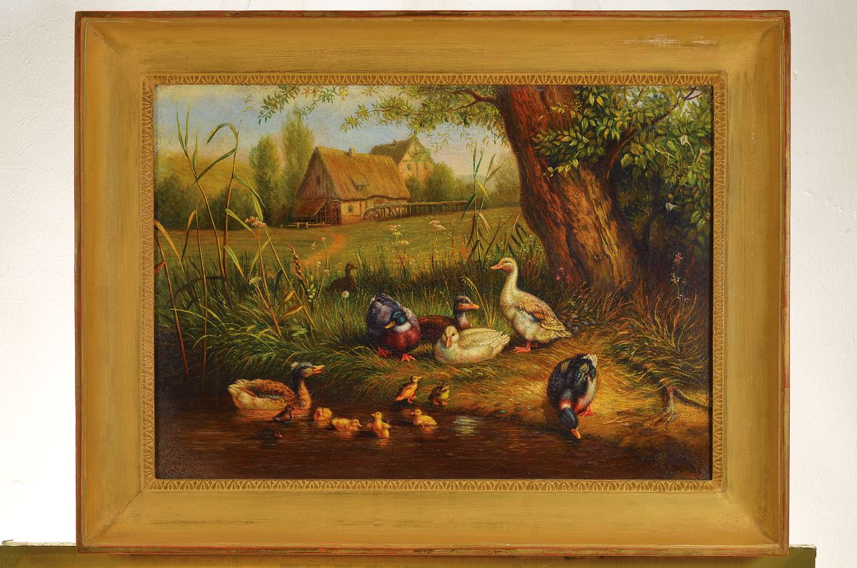 Detail k: Monogrammist CJ, 2. Hälfte 19. Jh., Enten am Ufer, im Hintergrund ein Bauernhaus, Öl/Lwd, rechts unten monogr., ca. 39x54cm, R. ca. 50x66cm