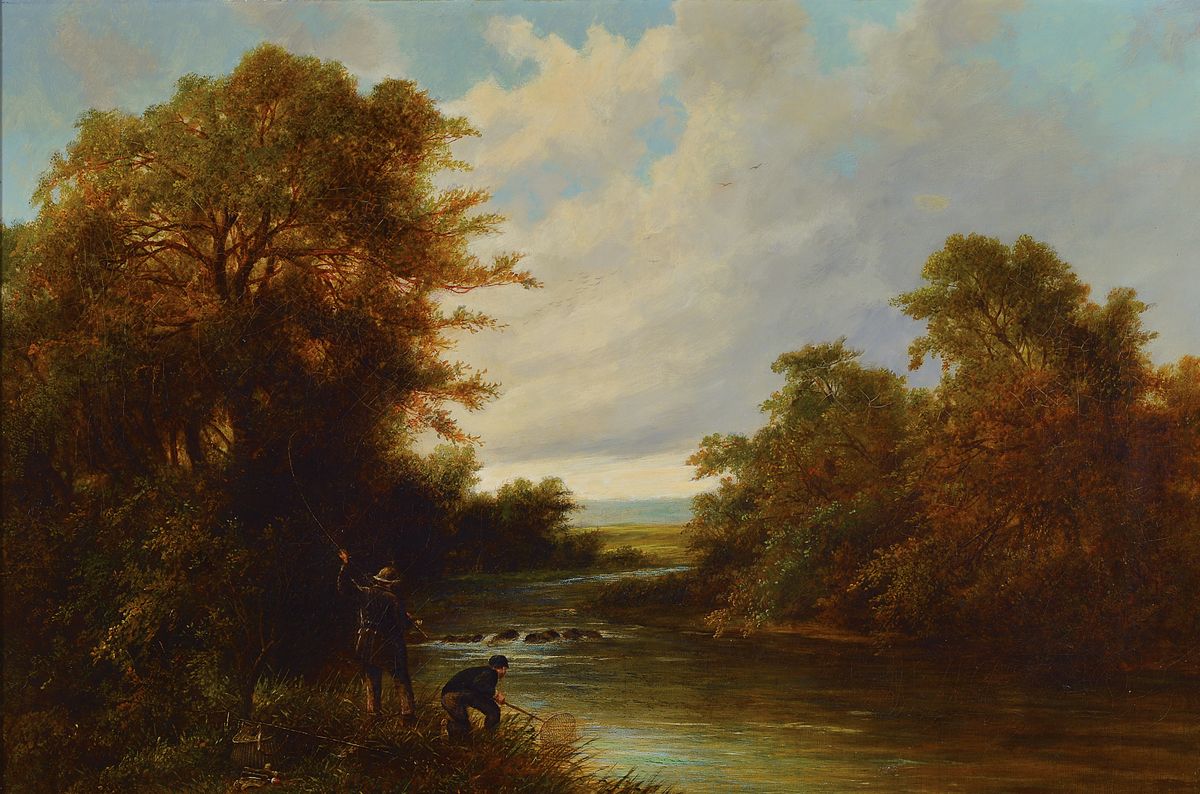 J.C. Ward, Maler des 19. Jh., Romantische Landschaft mit Angler am Wasser, Öl/Lwd, feine detailreiche Malerei mit großer Varianz in den ...