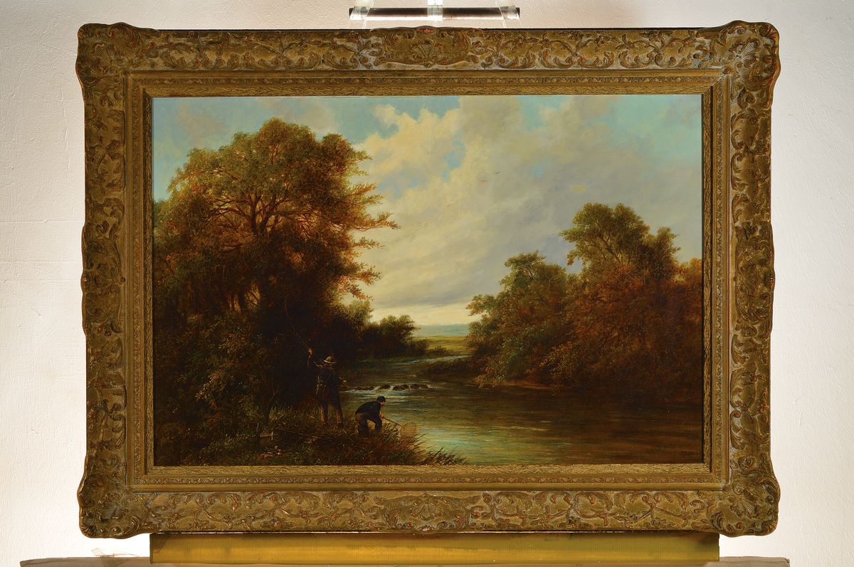 Detail k: J.C. Ward, Maler des 19. Jh., Romantische Landschaft mit Angler am Wasser, Öl/Lwd, feine detailreiche Malerei mit großer Varianz in den ...