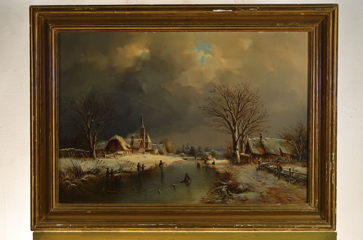 Detail k: Unbekannter Künstler, Niederlande, 2. Hälfte 19. Jh., Eisvergnügen, Winterlandschaft mit Personen auf dem Eis unter Wolken verhangenem Himmel, ...