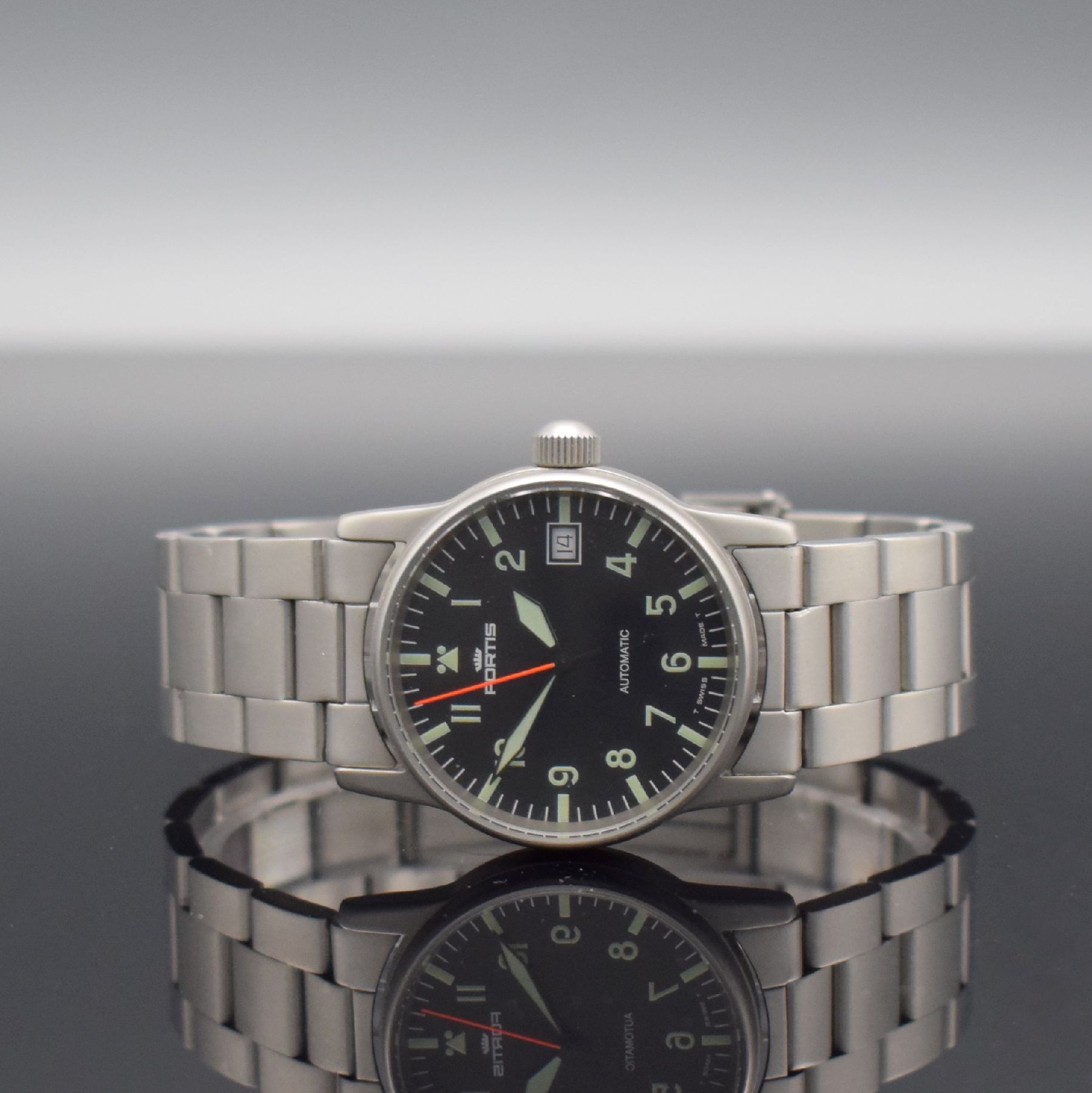 FORTIS Armbanduhr in Edelstahl, Schweiz um 1995, Automatik, Ref. 620.10.46, verschr. Edelstahlgeh. inkl. Gliederband m. Faltschl., schwarzes ...