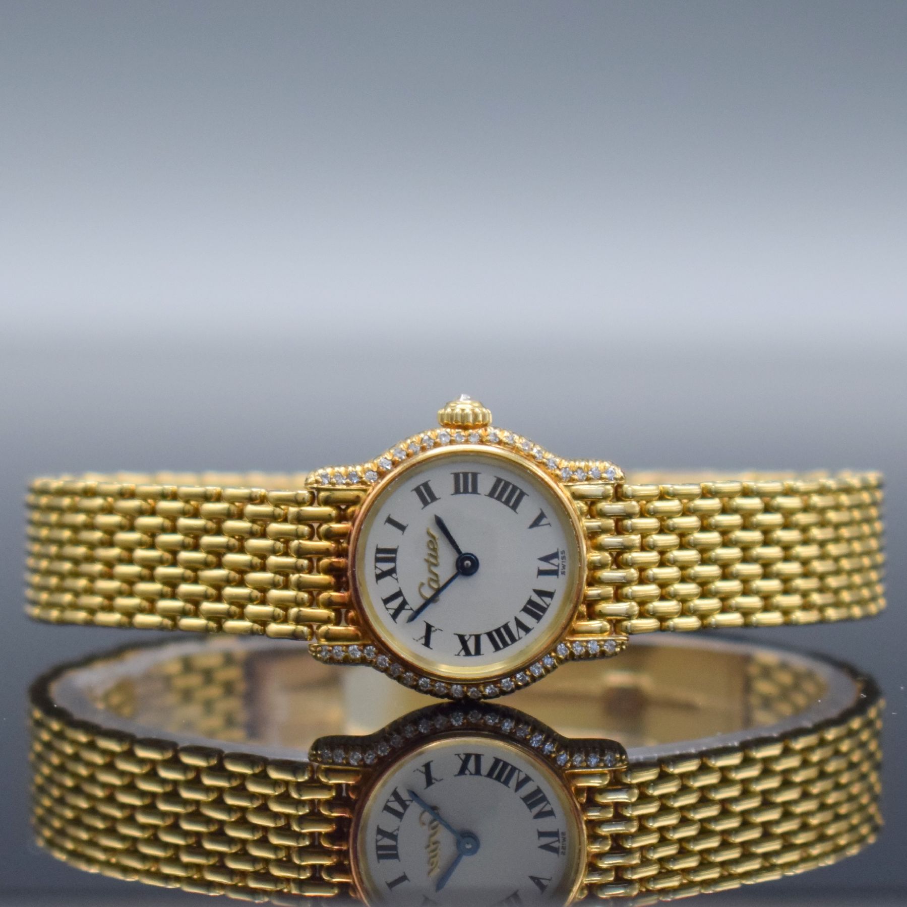 CARTIER Damenarmbanduhr Serie Riviera, Schweiz 1980er Jahre, GG 750/000 inkl. Gliederband m. Faltschl., Boden 4-fach verschr., Lünette wie Krone ...