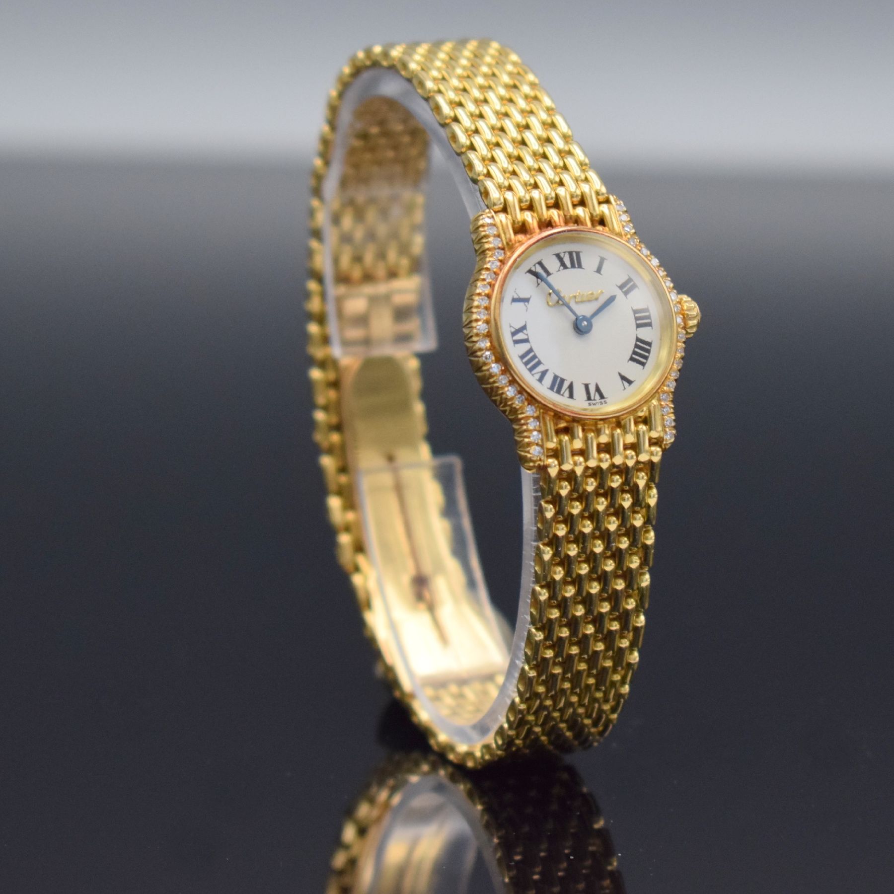 Detail d: CARTIER Damenarmbanduhr Serie Riviera, Schweiz 1980er Jahre, GG 750/000 inkl. Gliederband m. Faltschl., Boden 4-fach verschr., Lünette wie Krone ...