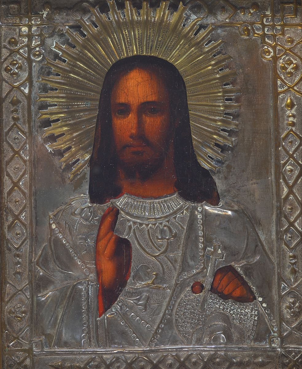 Ikone, Russland, 2. Hälfte 19. Jh., Christus Pantokrator, Tempera auf Holz, Oklad Metall versilbert, ca. 22x18cm, im Kiot ca. 29x25x7cm, dieses mit ...