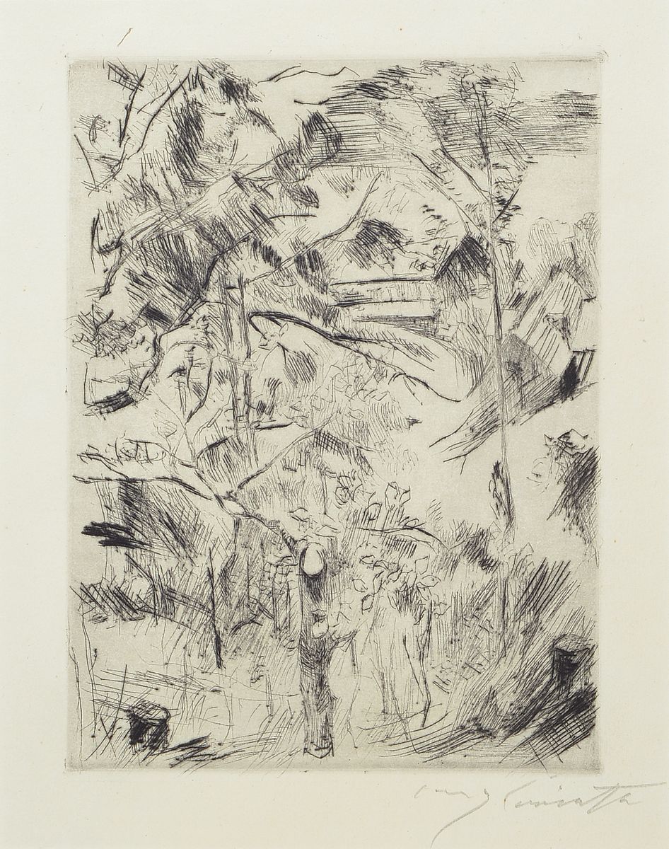 Lovis Corinth, 1858-1925, "Garten am Walchensee", Radierung, WVZ Schwarz Nr. 432 V., handsign., unter Glas gerahmt, gesamt ca. 46x40 cm