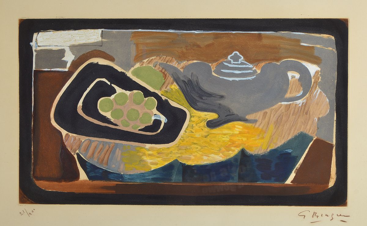 Georges Braque, 1882-1963, Titel: Theiere et raisins, Farbaquatinaradierung, re. u. handsign., num. 21/200, unter Glas gerahmt, Motiv ca. 34x60, ...