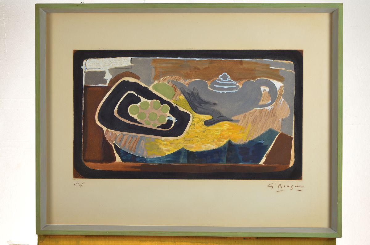 Detail k: Georges Braque, 1882-1963, Titel: Theiere et raisins, Farbaquatinaradierung, re. u. handsign., num. 21/200, unter Glas gerahmt, Motiv ca. 34x60, ...
