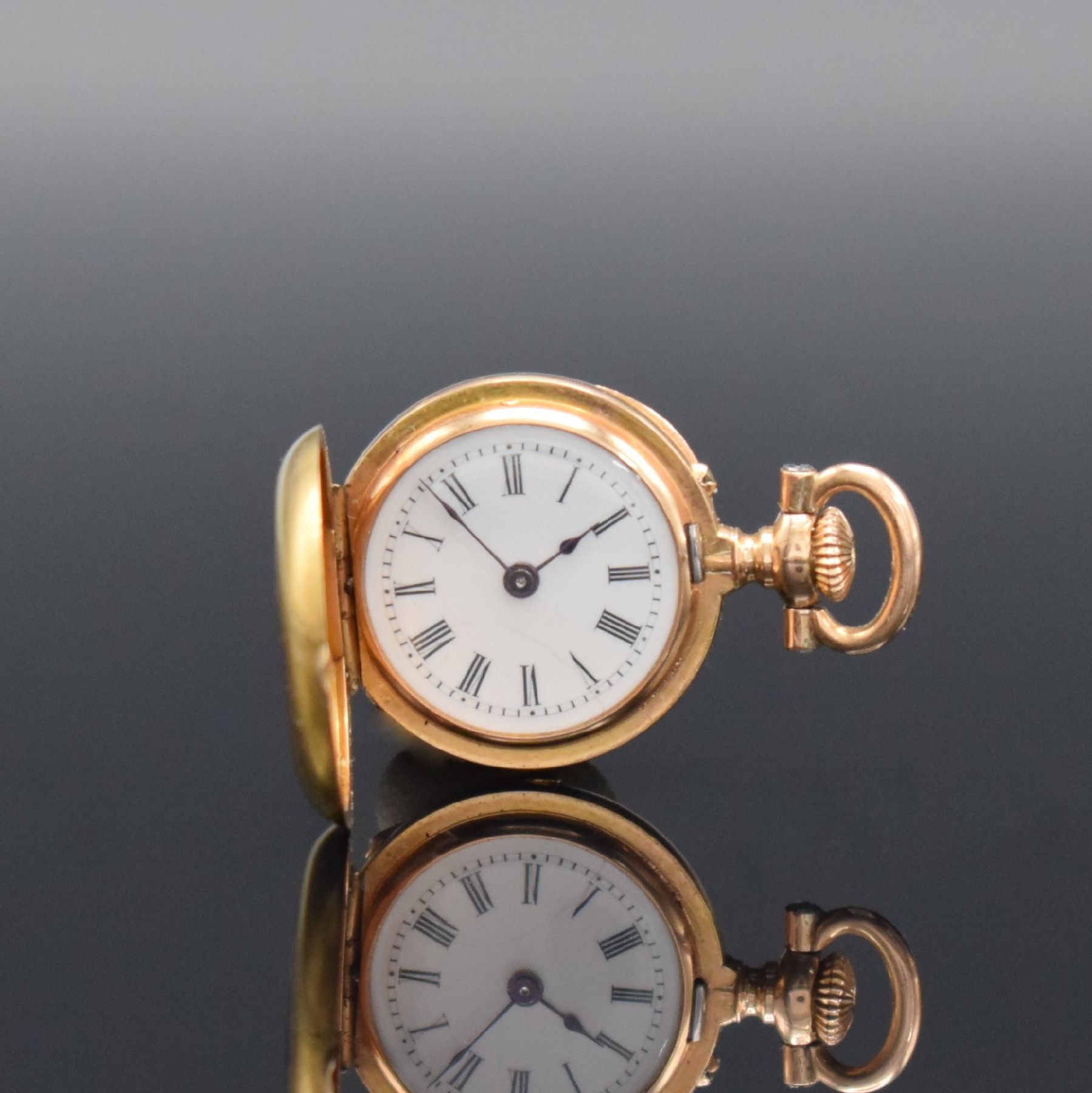 B. HAAS JEUNE & CIE Extrem seltene 17,5 mm Miniatur Damensavonette in GG 750/000, Schweiz um 1880, glattes 3-Deckel Goldgeh. m. à-goutte Schlüssen, ...