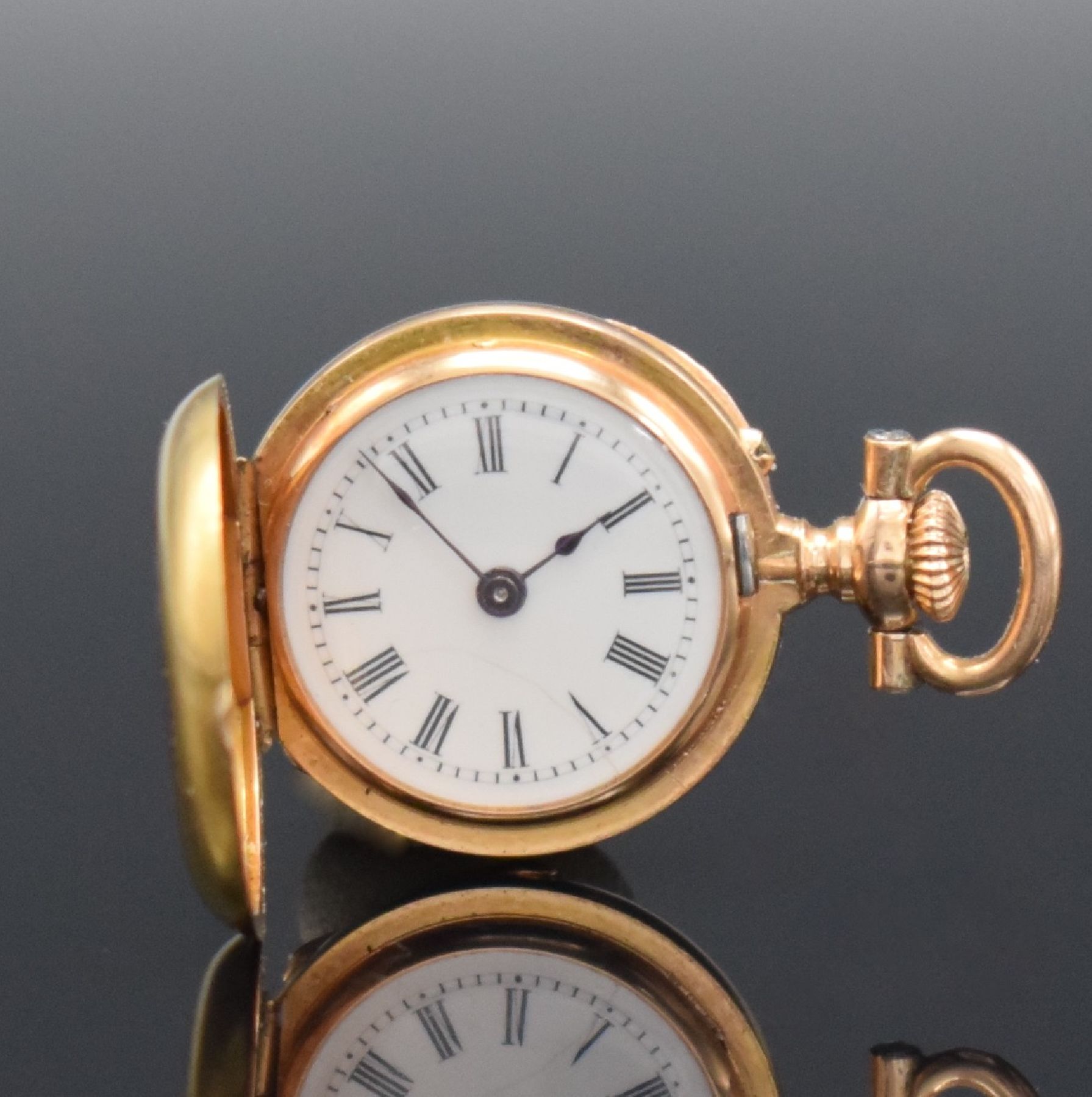 Detail a: B. HAAS JEUNE & CIE Extrem seltene 17,5 mm Miniatur Damensavonette in GG 750/000, Schweiz um 1880, glattes 3-Deckel Goldgeh. m. à-goutte Schlüssen, ...