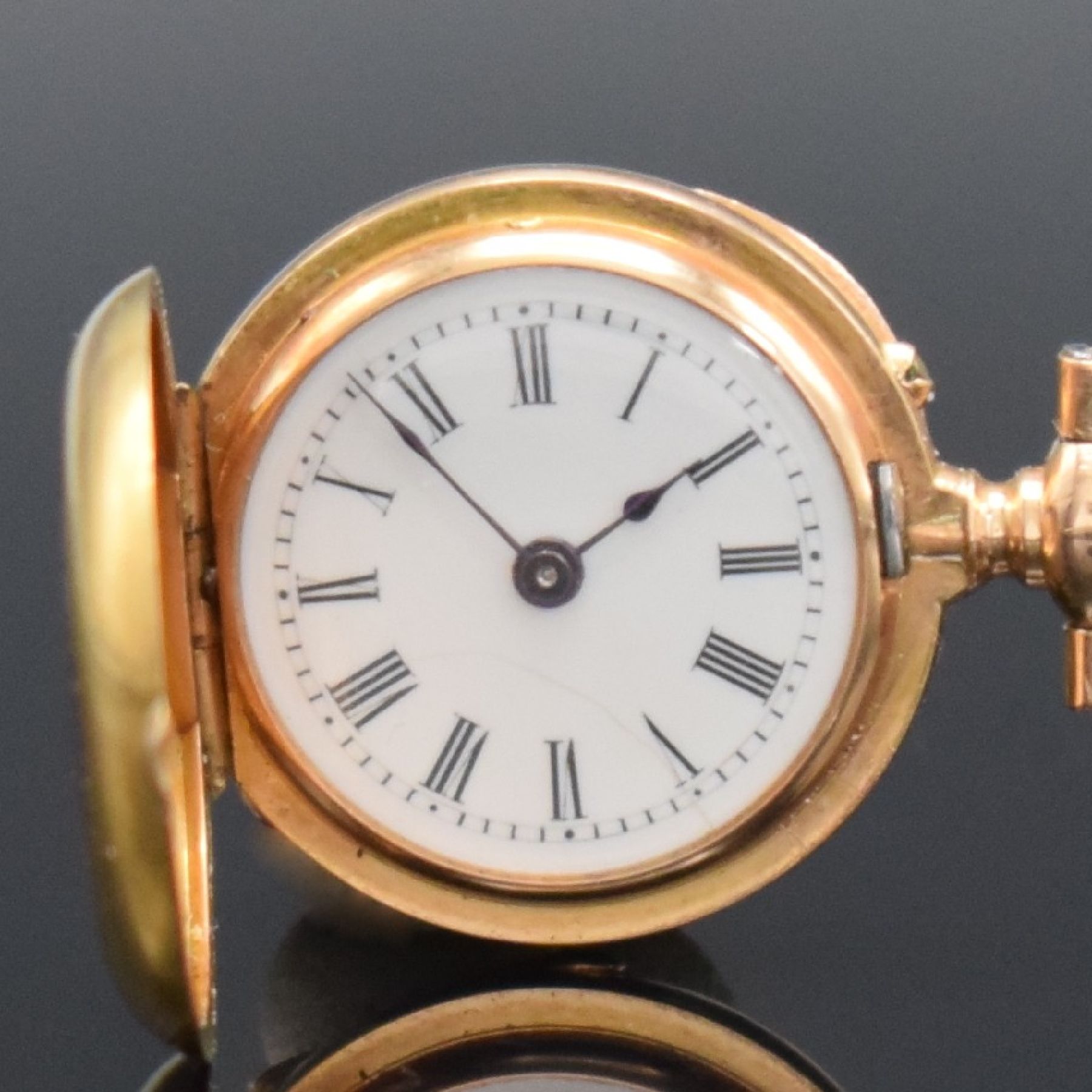 Detail b: B. HAAS JEUNE & CIE Extrem seltene 17,5 mm Miniatur Damensavonette in GG 750/000, Schweiz um 1880, glattes 3-Deckel Goldgeh. m. à-goutte Schlüssen, ...
