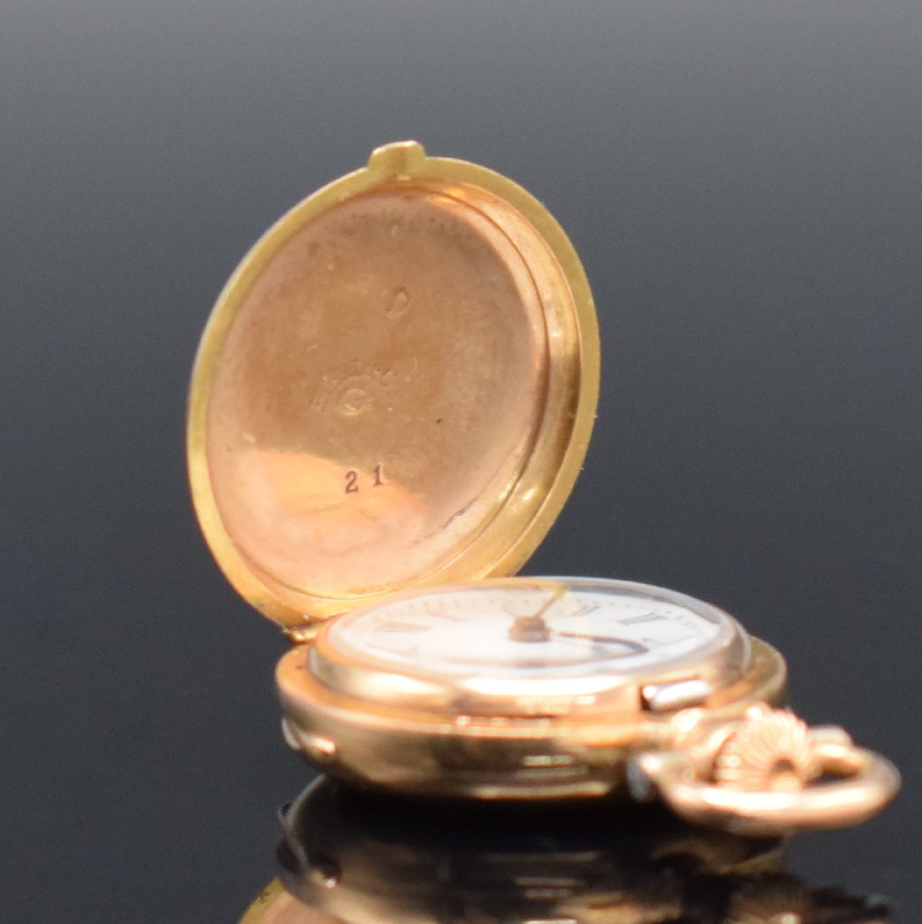Detail c: B. HAAS JEUNE & CIE Extrem seltene 17,5 mm Miniatur Damensavonette in GG 750/000, Schweiz um 1880, glattes 3-Deckel Goldgeh. m. à-goutte Schlüssen, ...
