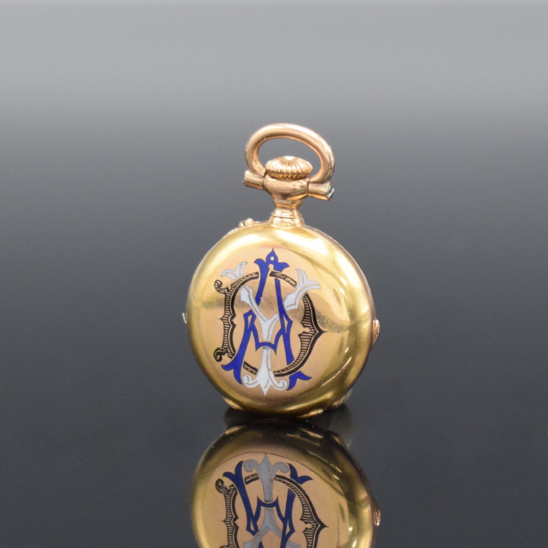 Detail d: B. HAAS JEUNE & CIE Extrem seltene 17,5 mm Miniatur Damensavonette in GG 750/000, Schweiz um 1880, glattes 3-Deckel Goldgeh. m. à-goutte Schlüssen, ...