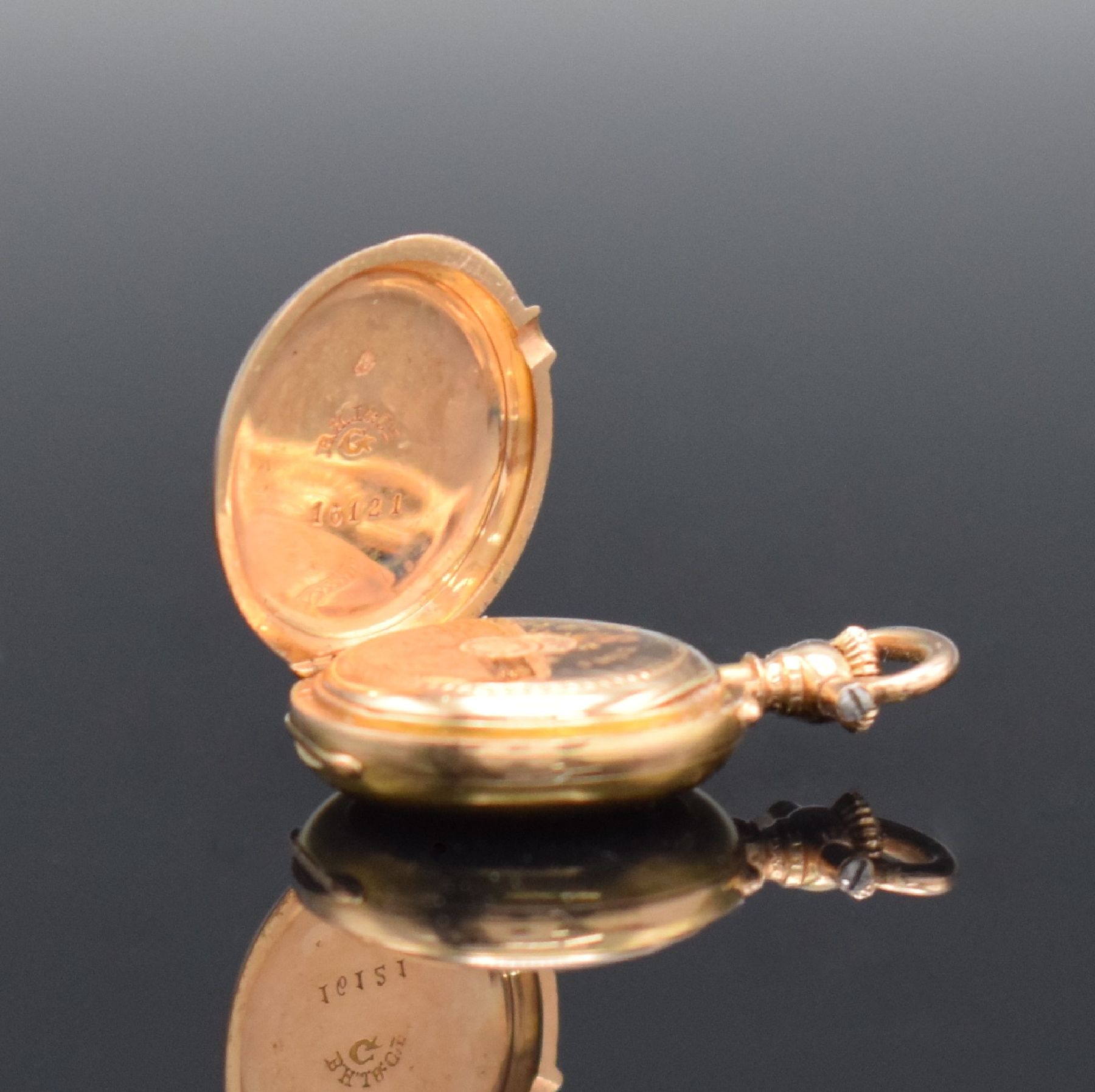 Detail i: B. HAAS JEUNE & CIE Extrem seltene 17,5 mm Miniatur Damensavonette in GG 750/000, Schweiz um 1880, glattes 3-Deckel Goldgeh. m. à-goutte Schlüssen, ...