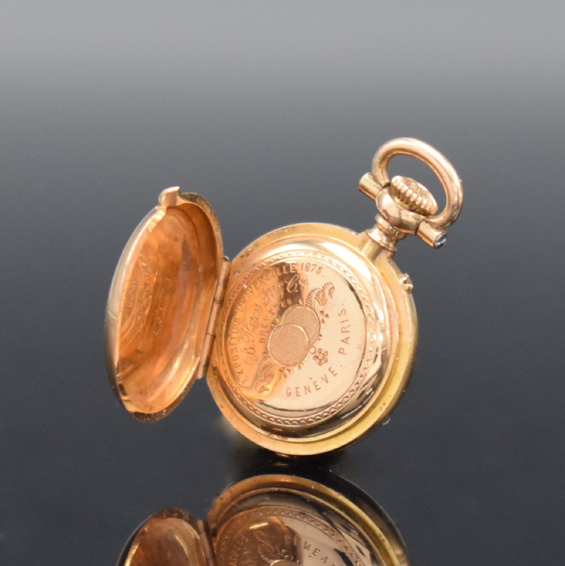 Detail j: B. HAAS JEUNE & CIE Extrem seltene 17,5 mm Miniatur Damensavonette in GG 750/000, Schweiz um 1880, glattes 3-Deckel Goldgeh. m. à-goutte Schlüssen, ...