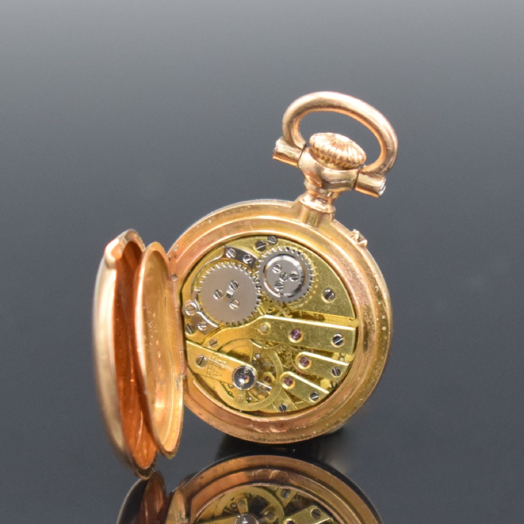 Detail l: B. HAAS JEUNE & CIE Extrem seltene 17,5 mm Miniatur Damensavonette in GG 750/000, Schweiz um 1880, glattes 3-Deckel Goldgeh. m. à-goutte Schlüssen, ...