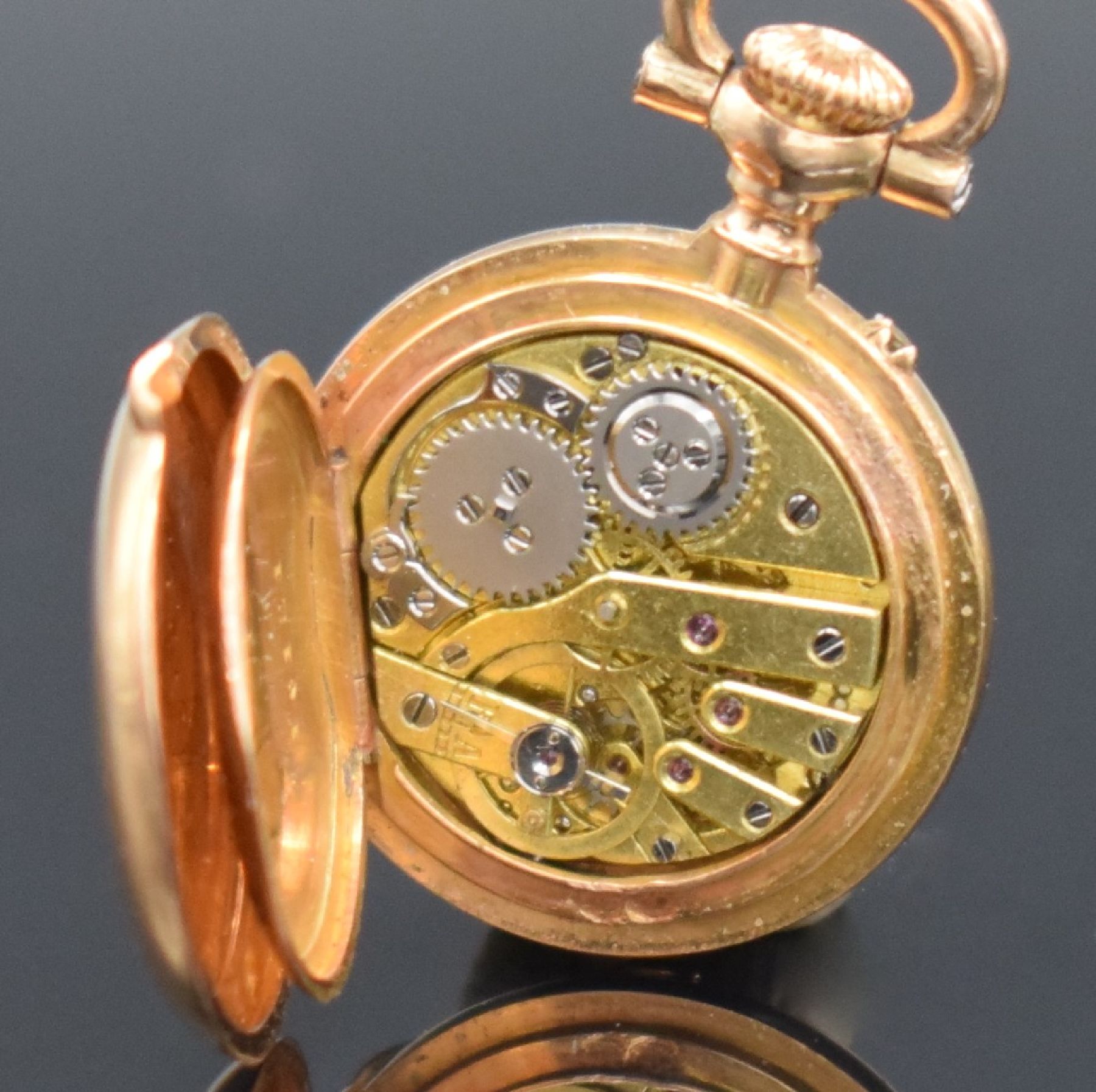 Detail m: B. HAAS JEUNE & CIE Extrem seltene 17,5 mm Miniatur Damensavonette in GG 750/000, Schweiz um 1880, glattes 3-Deckel Goldgeh. m. à-goutte Schlüssen, ...