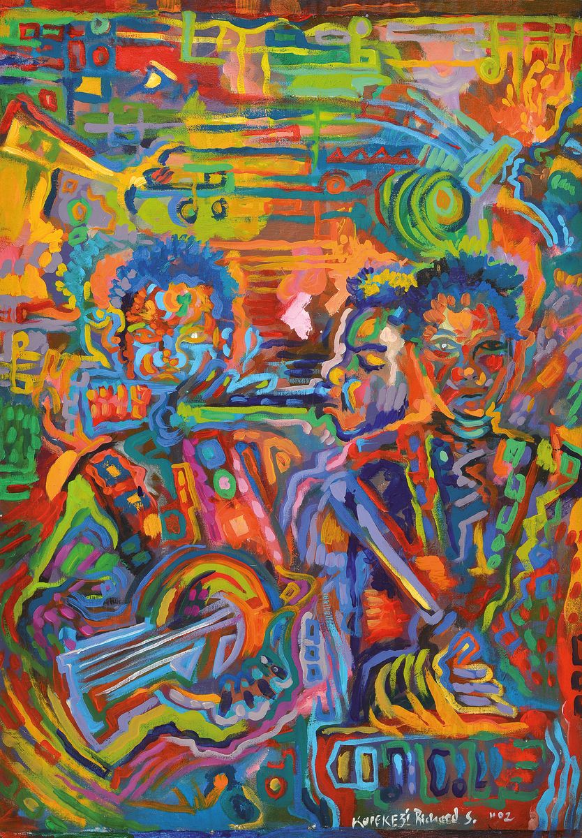 Richard "Safari" Karekezi, geb. 1983 Mityana, Uganda, Auszeichnungen und Ausstellungen u.a..in Speyer, hier: "Musik with us, Öl/Lwd, ...