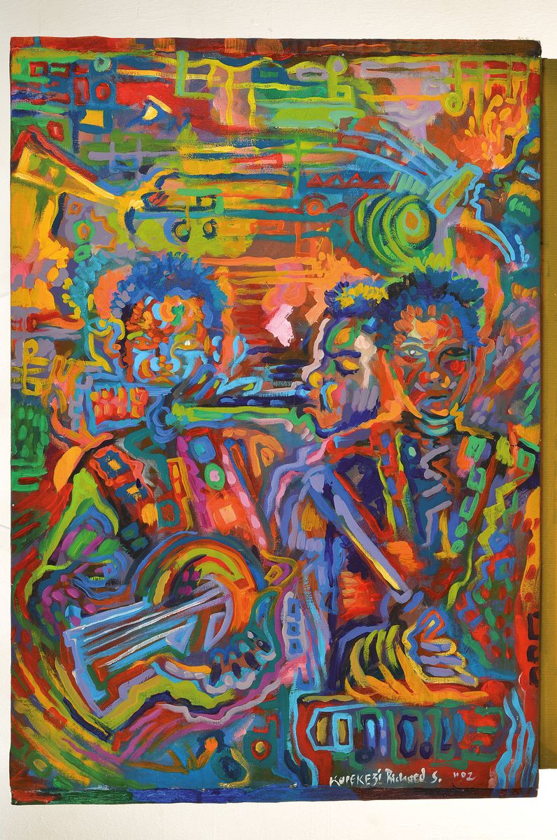 Detail k: Richard "Safari" Karekezi, geb. 1983 Mityana, Uganda, Auszeichnungen und Ausstellungen u.a..in Speyer, hier: "Musik with us, Öl/Lwd, ...