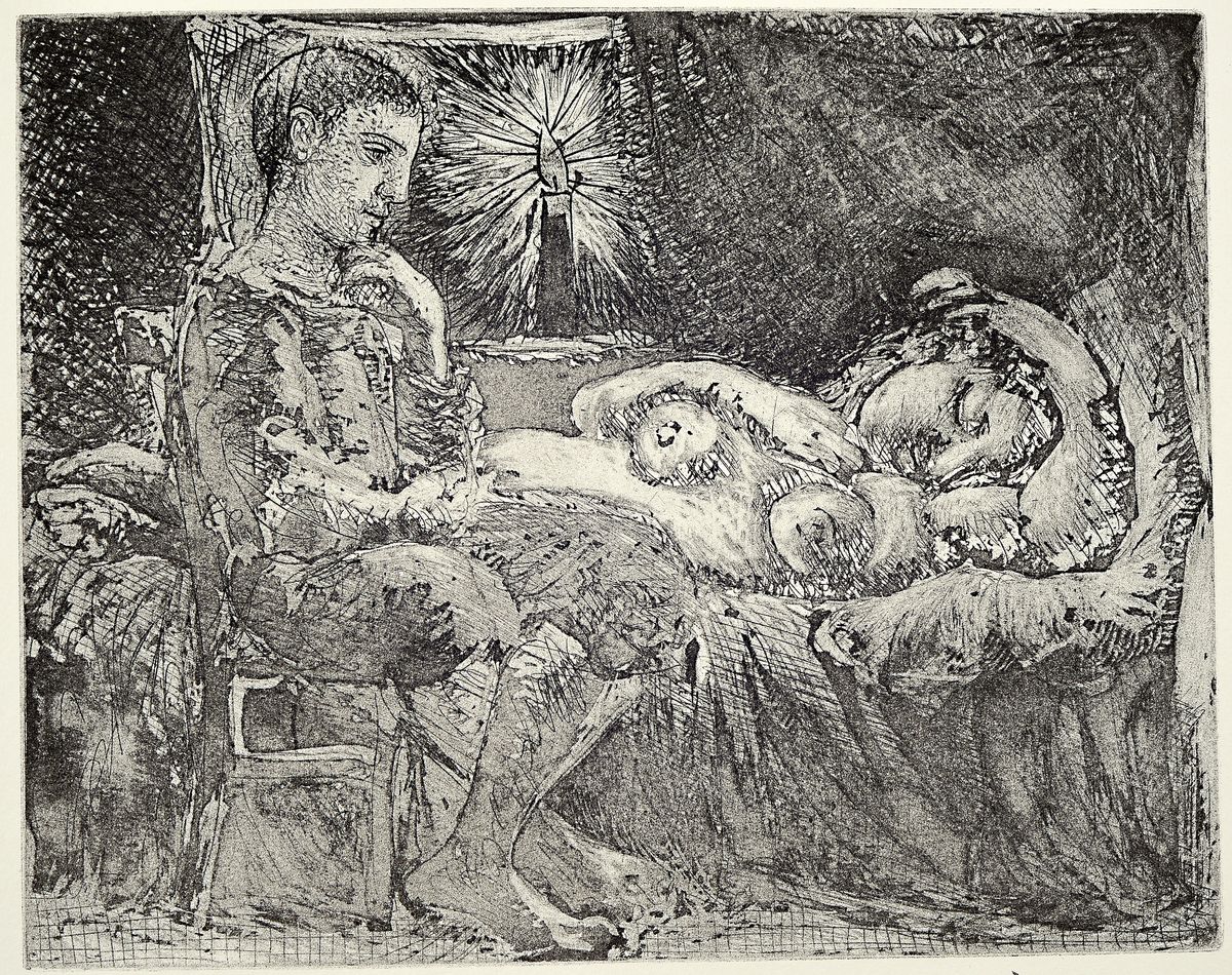 Pablo Picasso, 1881-1973, Titel: Junge und schlafende Frau beim Kerzenlicht, Lithografie, Drucker Verlag: Blanc narcisse, Mus. Mülheim 1992, PP, ...