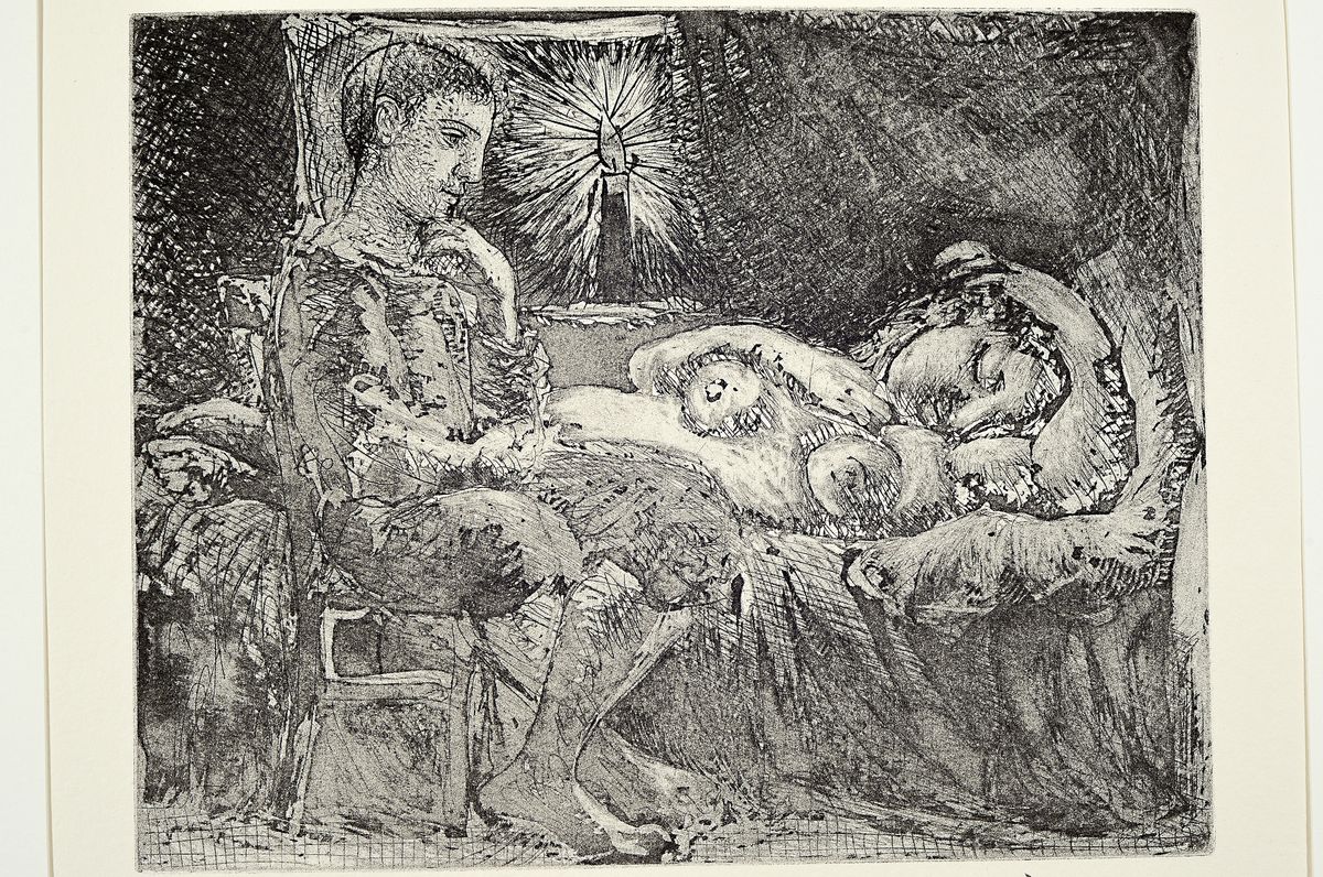 Detail k: Pablo Picasso, 1881-1973, Titel: Junge und schlafende Frau beim Kerzenlicht, Lithografie, Drucker Verlag: Blanc narcisse, Mus. Mülheim 1992, PP, ...