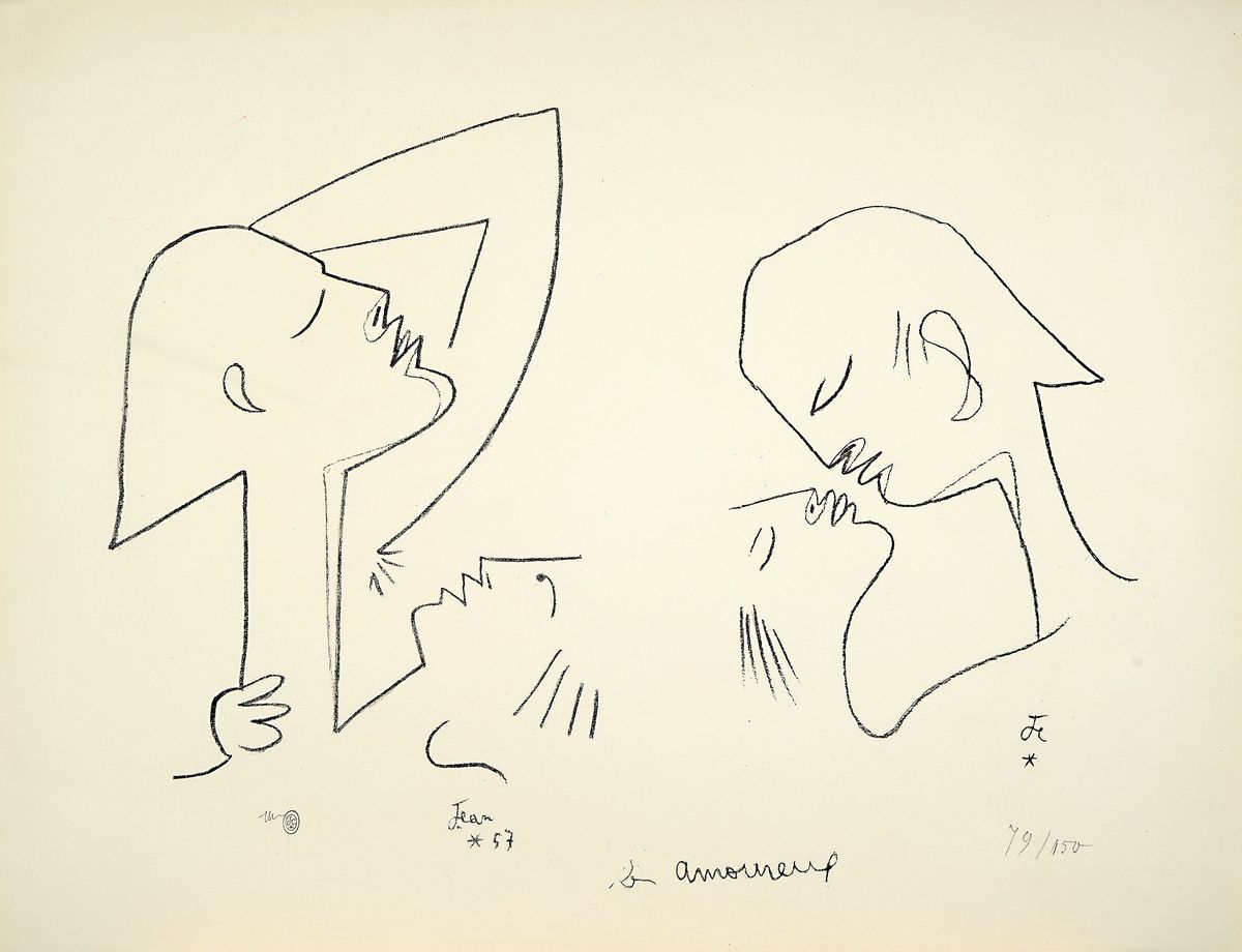 Jean Cocteau, 1889-1963, Les amoureux, Druck Verlag: Mourlot Paris 1957; sign., num. 79/150, gesamt ca. 50x65 cm