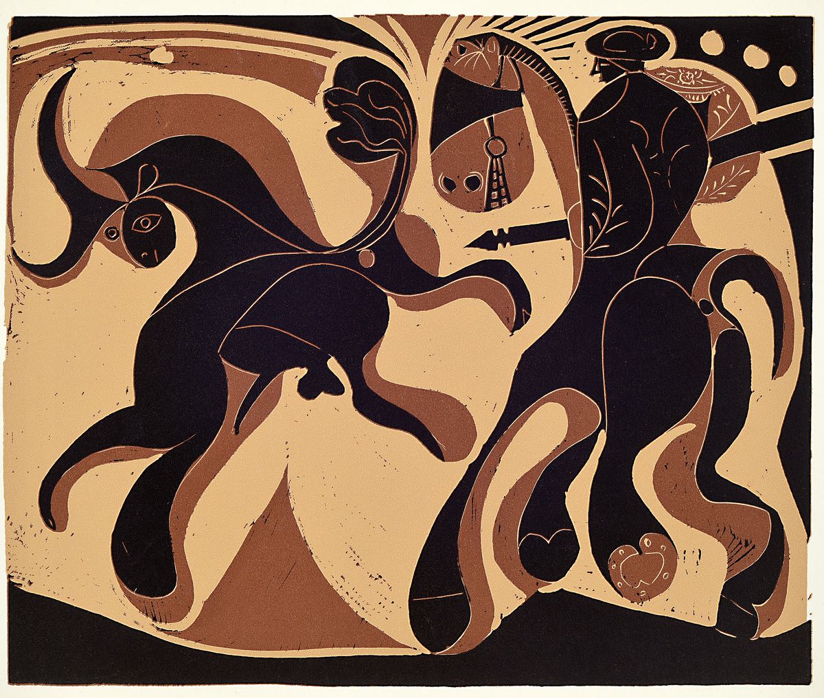 Pablo Picasso, 1881-1973, Titel: Picador und flüchten der Stier, Farblinolschnitt, Drucker Verlag: IerieLeiris Paris, Stuttgart 1962, PP, Motiv ca. ...