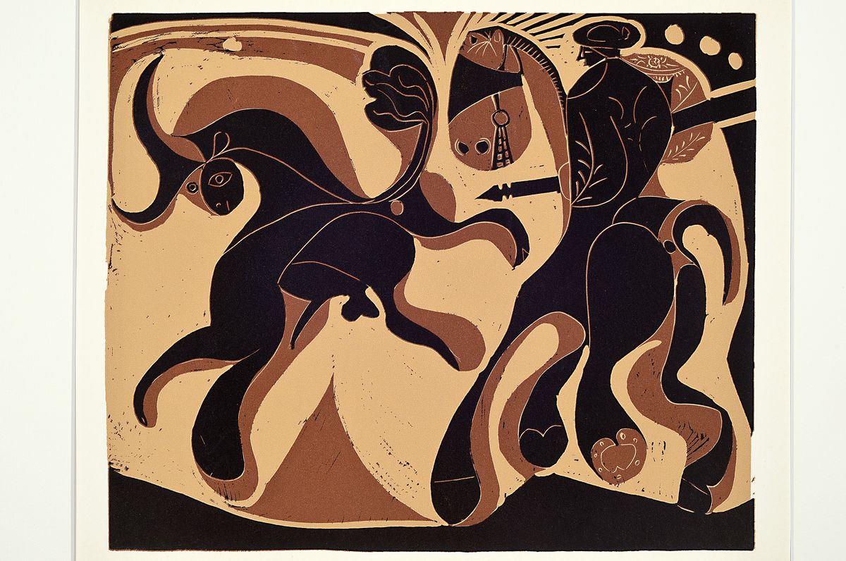 Detail k: Pablo Picasso, 1881-1973, Titel: Picador und flüchten der Stier, Farblinolschnitt, Drucker Verlag: IerieLeiris Paris, Stuttgart 1962, PP, Motiv ca. ...