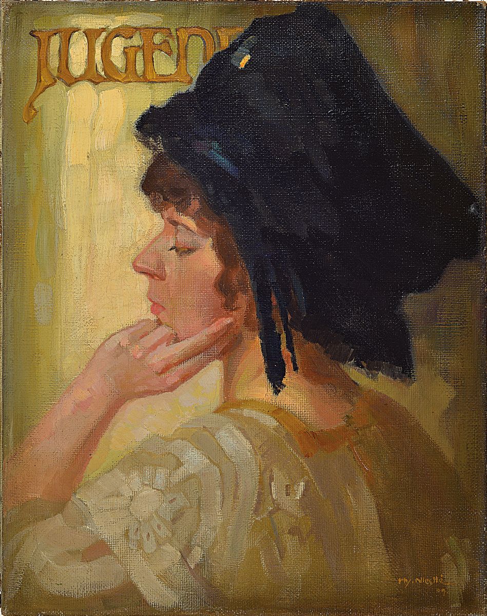 Henry Niestlé, 1876- 1966, Jugend, Porträt einer jungen Frau mit dunkler Kopfbedeckung, stiltyp. Jugendstil, re. u. signiert, ca. 56 x 44 cm,