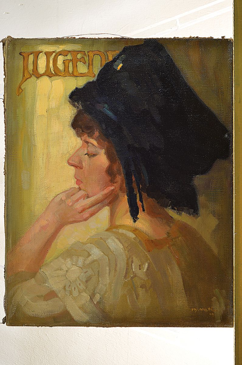 Detail k: Henry Niestlé, 1876- 1966, Jugend, Porträt einer jungen Frau mit dunkler Kopfbedeckung, stiltyp. Jugendstil, re. u. signiert, ca. 56 x 44 cm,