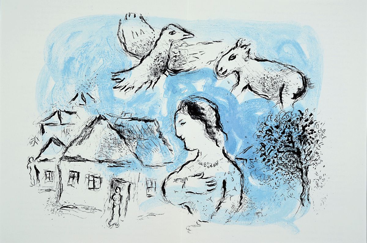 Marc Chagall, 1887-1985, Titel: Le Village, Farblithografie, Drucker Verlag: Mourlot, Maeght Paris 1977, PP, Motiv ca. 38x55 cm gesamt ca. 50x70 cm