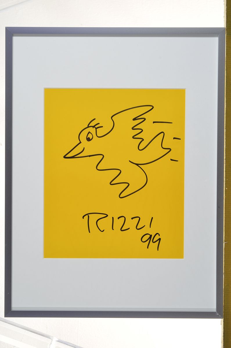 Detail k: James Rizzi, 1950-2011, "Bird", Filzstift- Zeichnung, handsign., sign., dat. 99, unter Glas gerahmt, gesamt ca. 40x30 cm