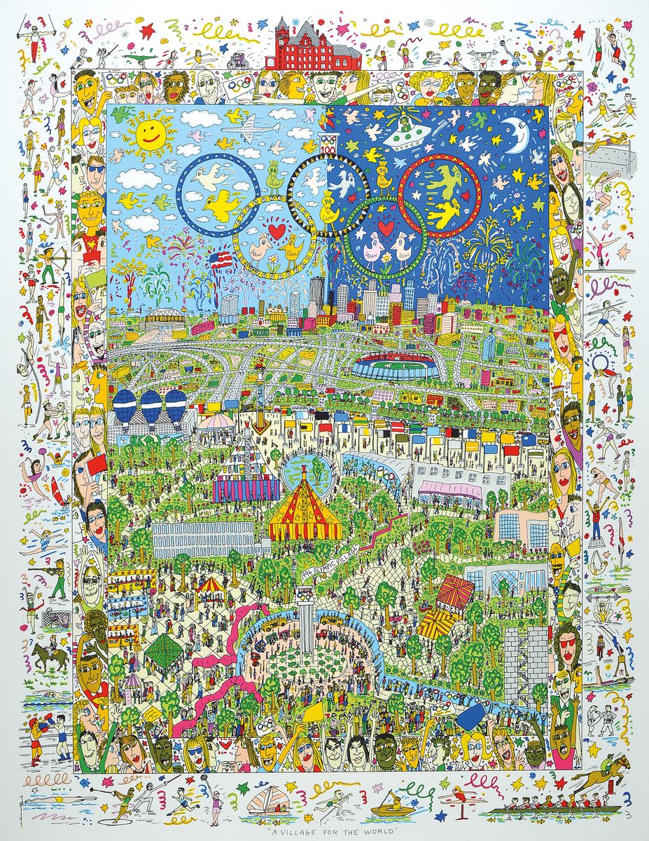 James Rizzi, 1950-2011, Lithografie, "A Village for the World, unter Glas gerahmt, gesamt ca. 90x71 cm