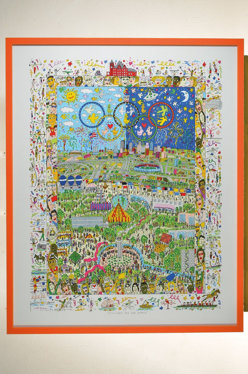 Detail k: James Rizzi, 1950-2011, Lithografie, "A Village for the World, unter Glas gerahmt, gesamt ca. 90x71 cm