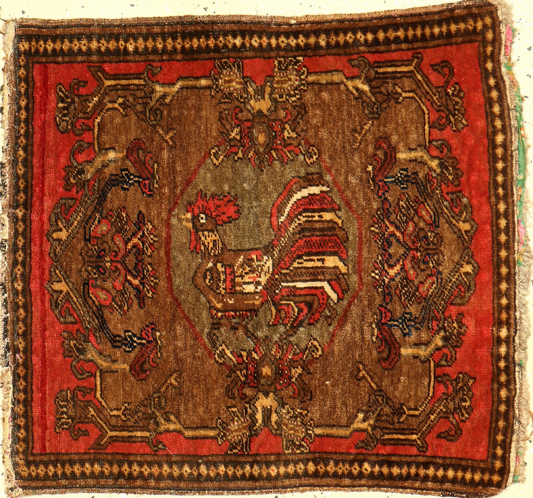 Seltener Hahn Poshti antik, Westpersien, um1900, Wolle auf Baumwolle, ca. 57 x 53 cm, EHZ: 2-3
