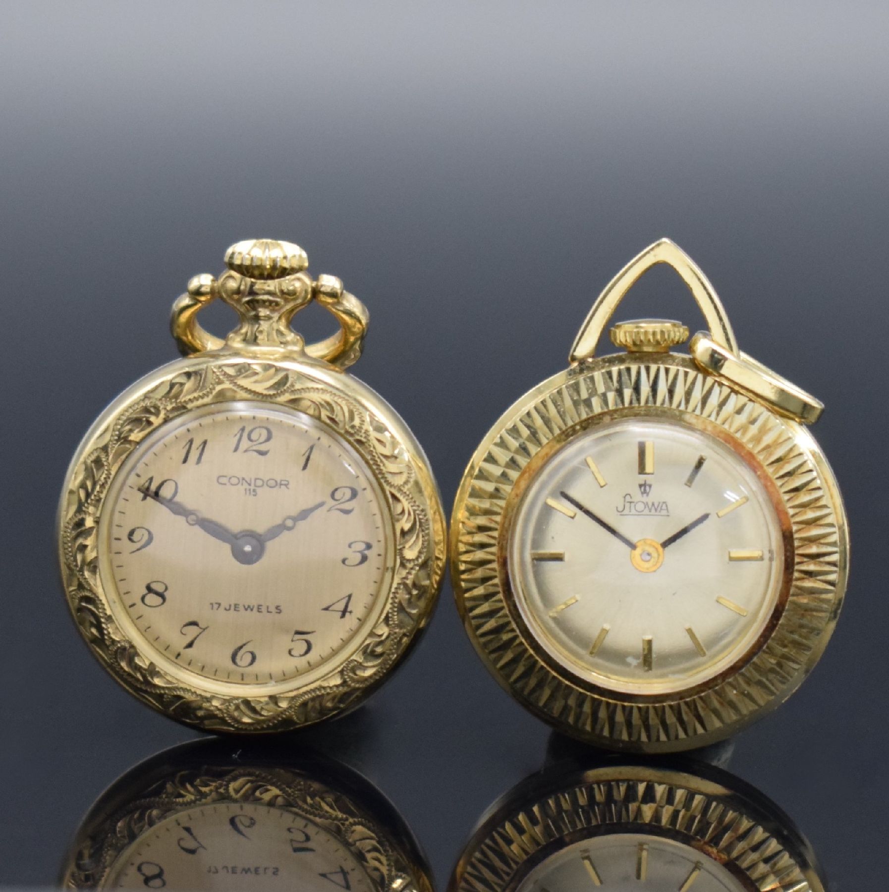 Konvolut: 2 Damentaschenuhren in Gold, 1 x Stowa in GG 585/000, 1 x Condor in GG 333/000, Deutschland um 1970, beide Handaufzug, Stowa D. ca. 23 mm, ...