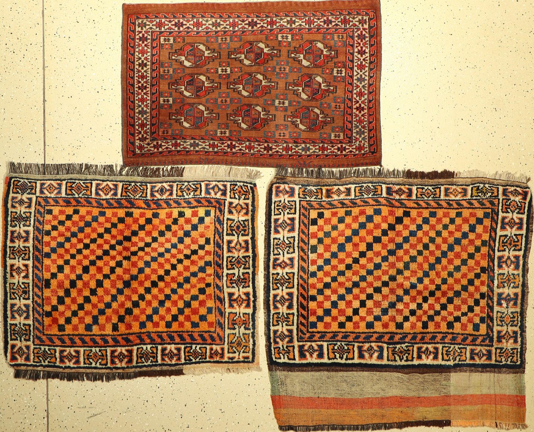 (3 Lots) 1x Yomud Tschowal 2x Gabbeh große Taschenfronten alt, Turkmenistan/Persien, um 1900/1920, Wolle auf Wolle, selten, sammelwürdig, EHZ: 2-3
