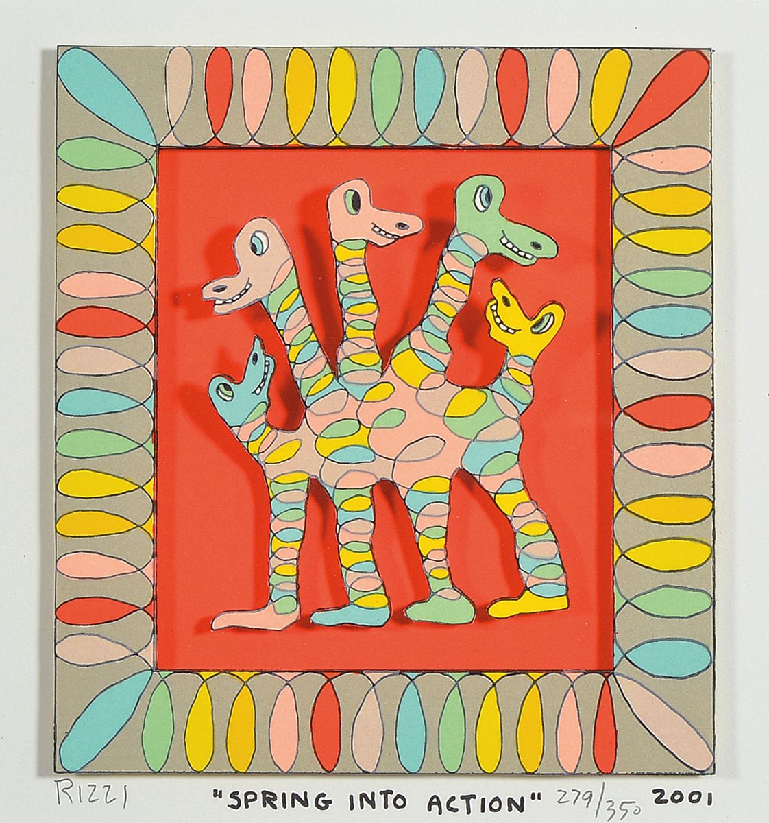 James Rizzi, 1950-2011, "Spring into action ", 3-Konstruktion, handsign., num. 279/350, dat. 2001, unter Glas gerahmt, motiv ca. 15x14 cm, ...
